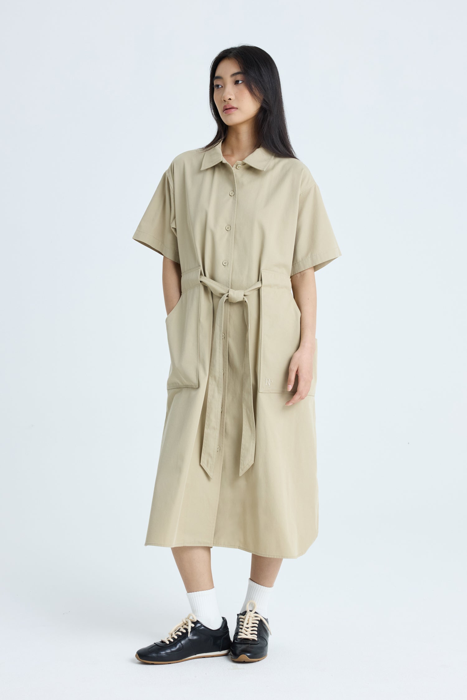 Belted Patch Pocket Dress - Khaki