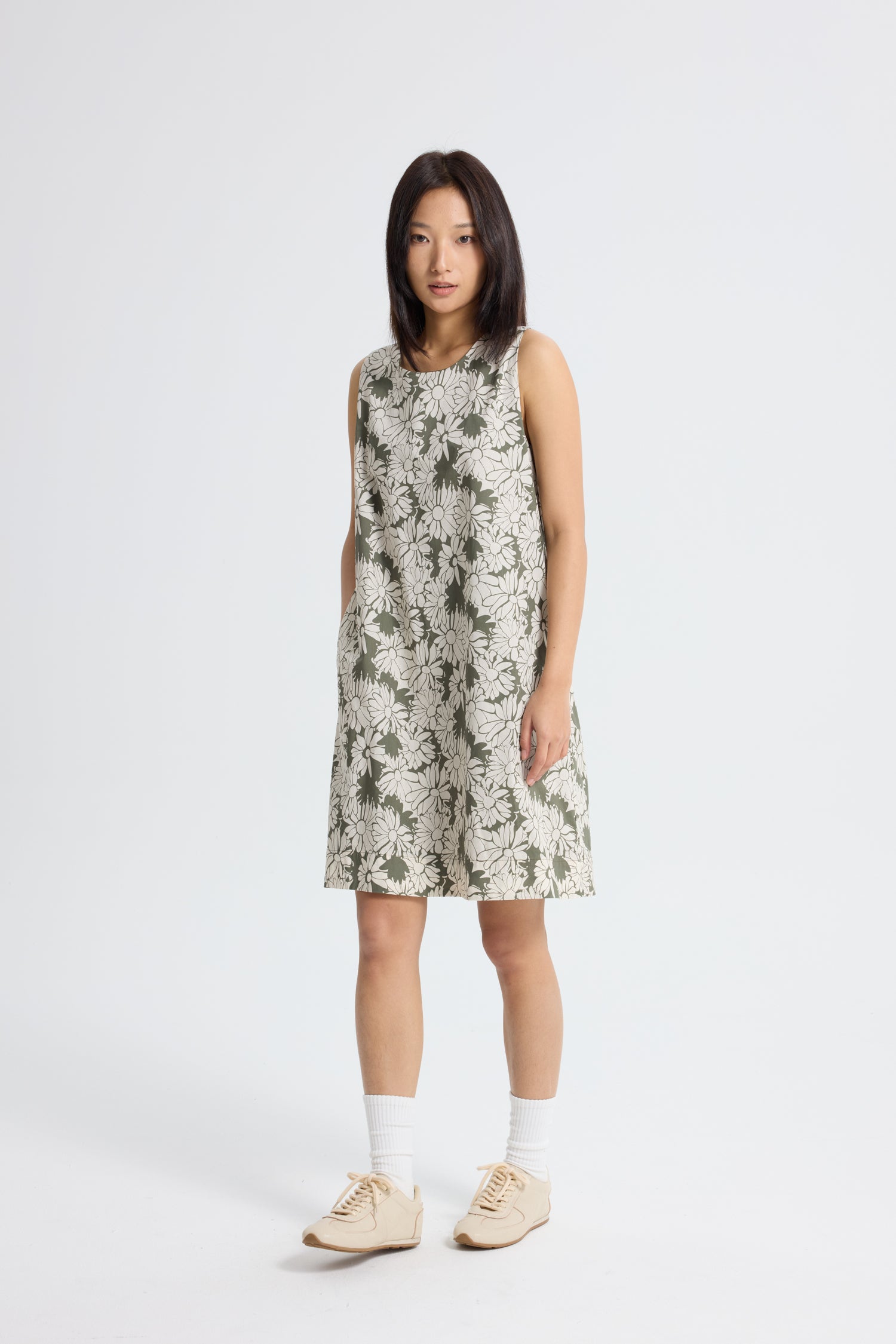 Floral Sleeveless Dress - Olive Floral