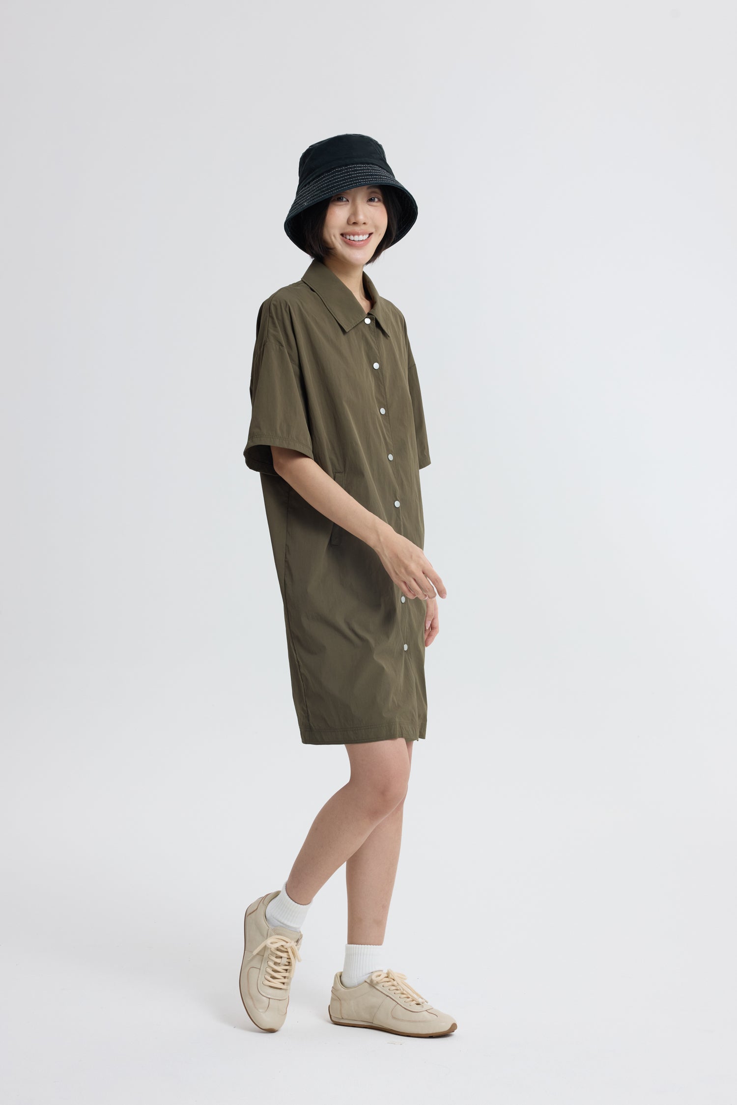 Button Down Collared Dress - Army Green
