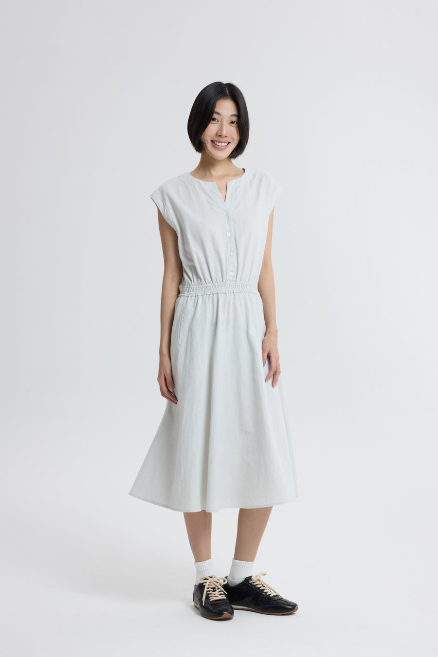 Button Front Cinch Waist Dress - Light Grey