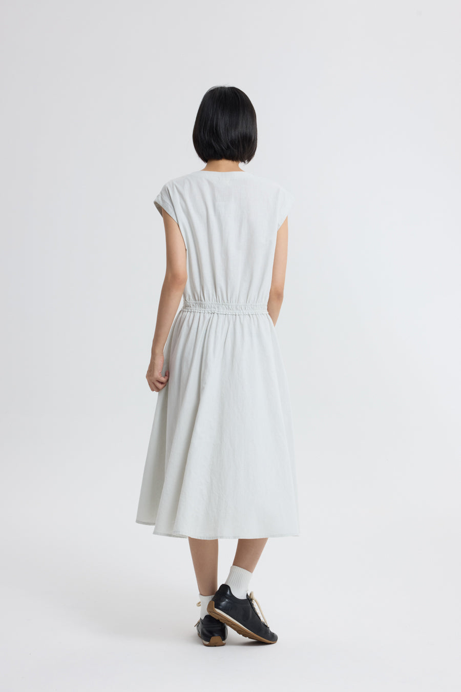 Button Front Cinch Waist Dress - Light Grey