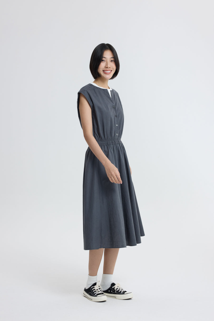 Button Front Cinch Waist Dress - Charcoal