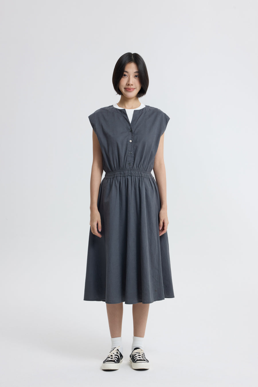 Button Front Cinch Waist Dress - Charcoal