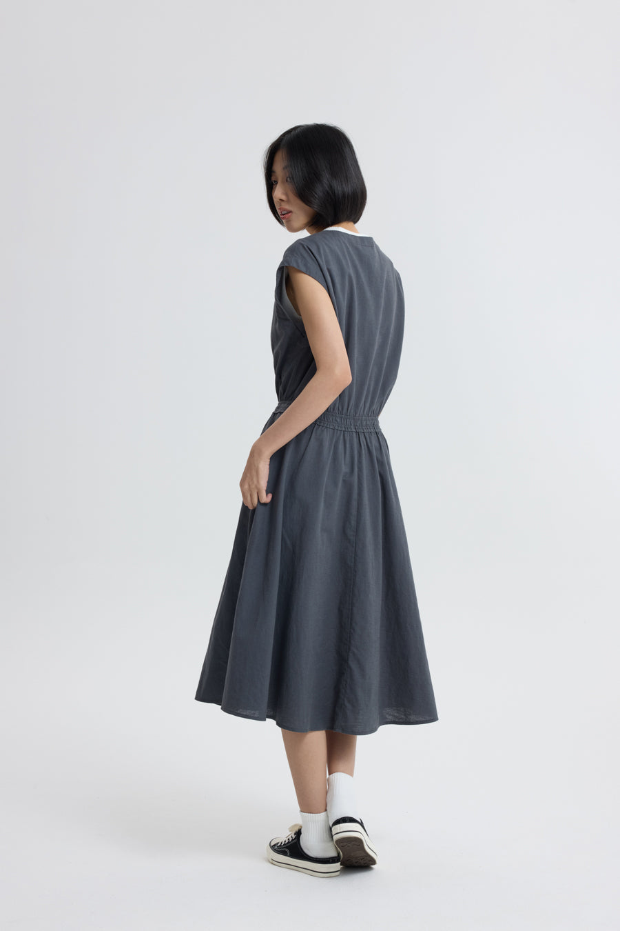 Button Front Cinch Waist Dress - Charcoal