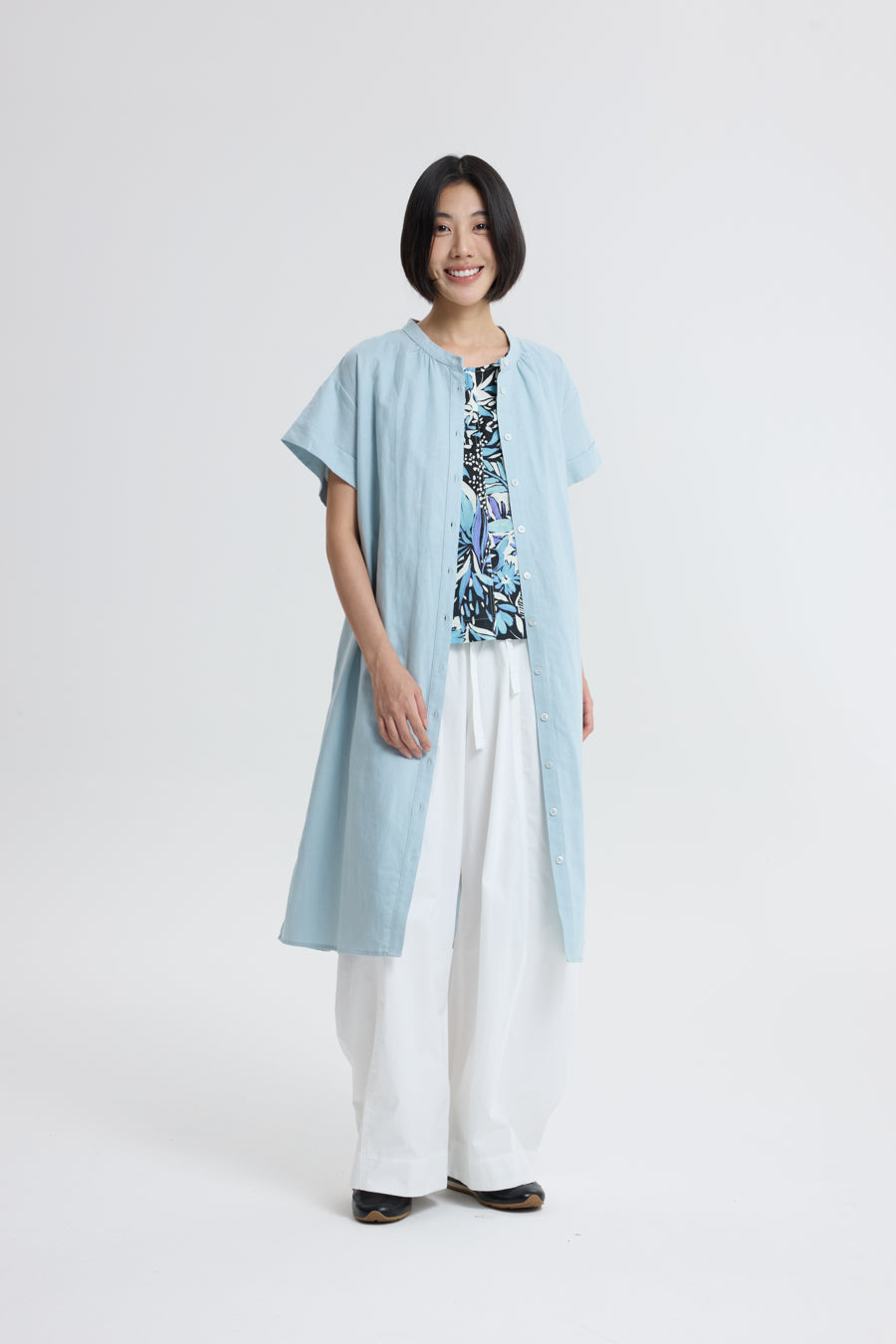 Mandarin Collar Dress - Dusty Blue