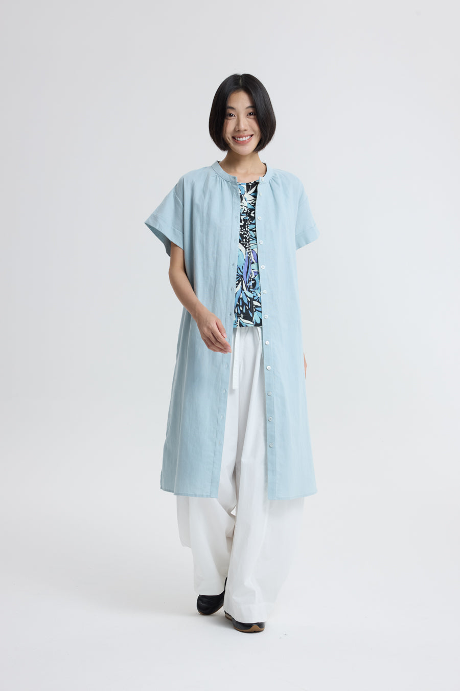 Mandarin Collar Dress - Dusty Blue