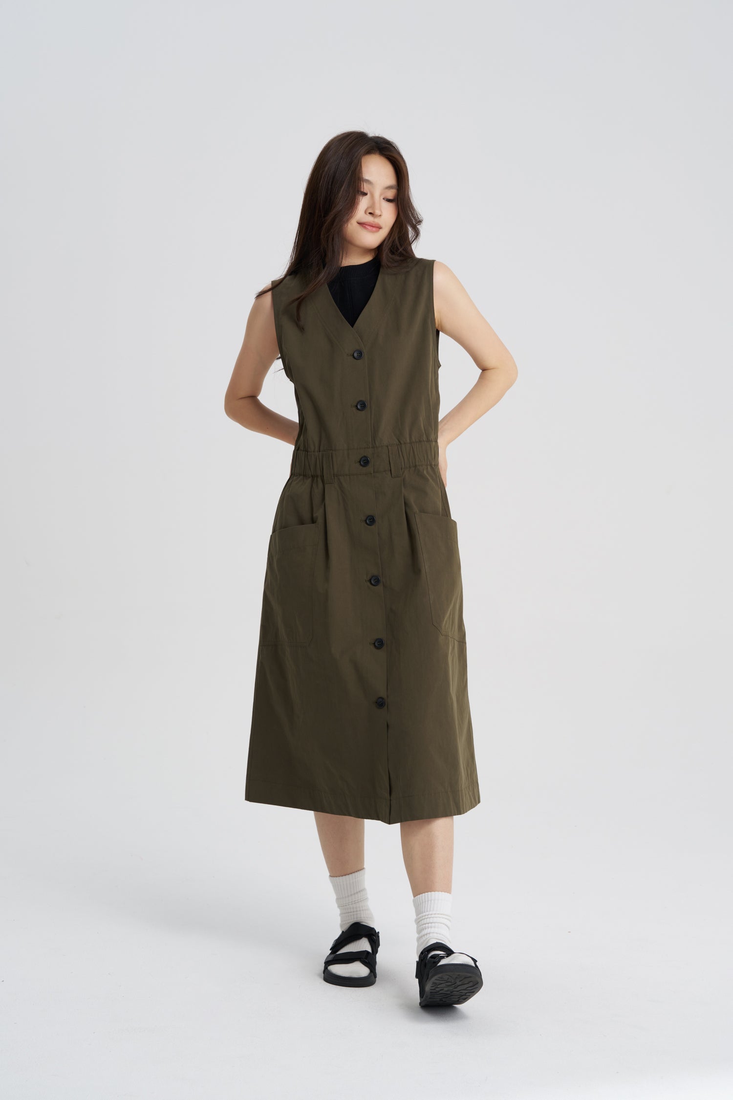 Button Front Dress - Army Green