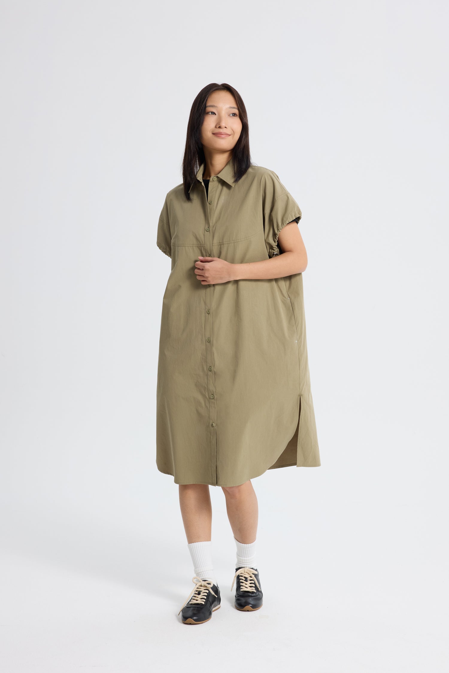 Drawcord Sleeve Dress - Khaki Green