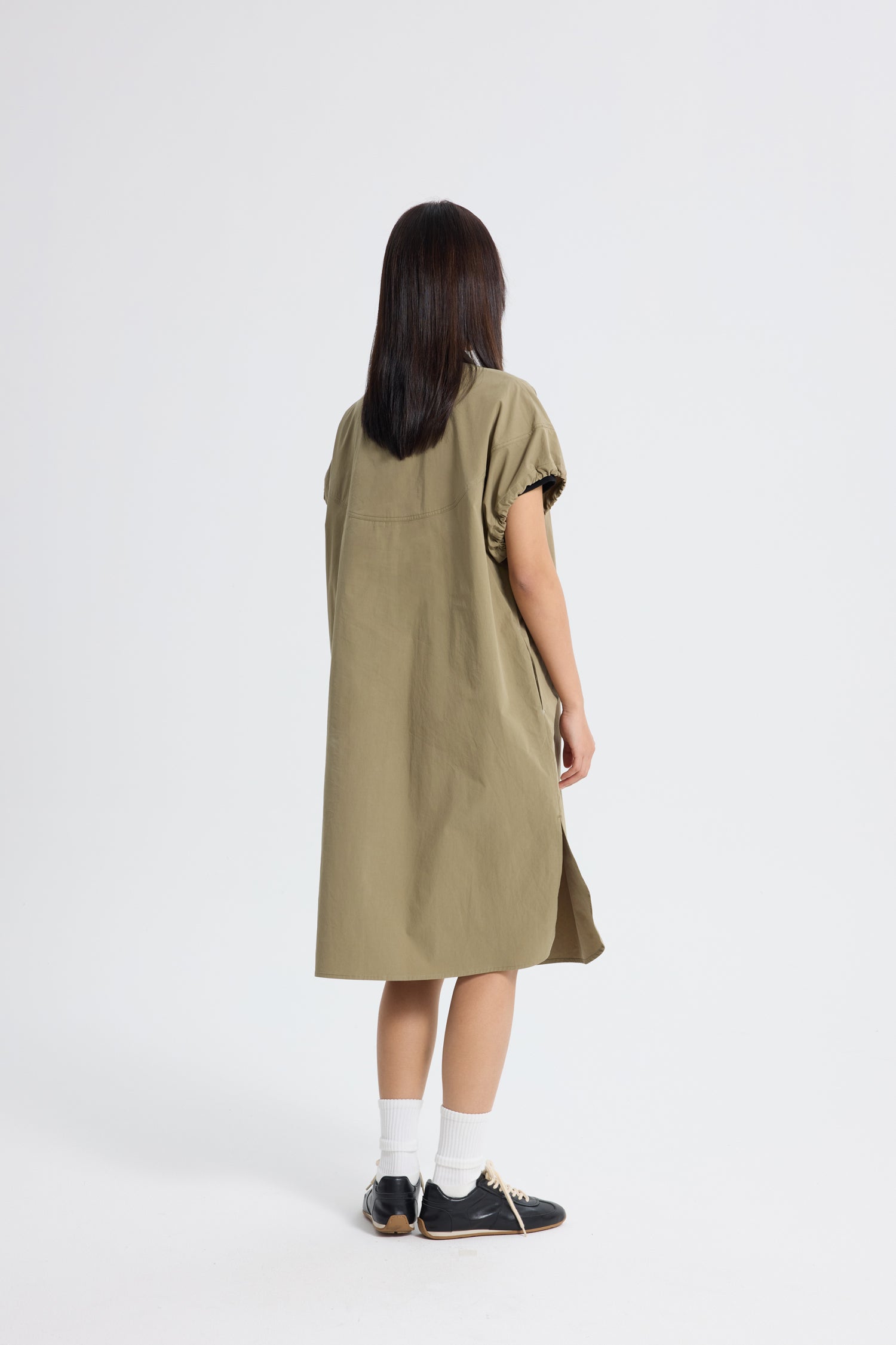 Drawcord Sleeve Dress - Khaki Green