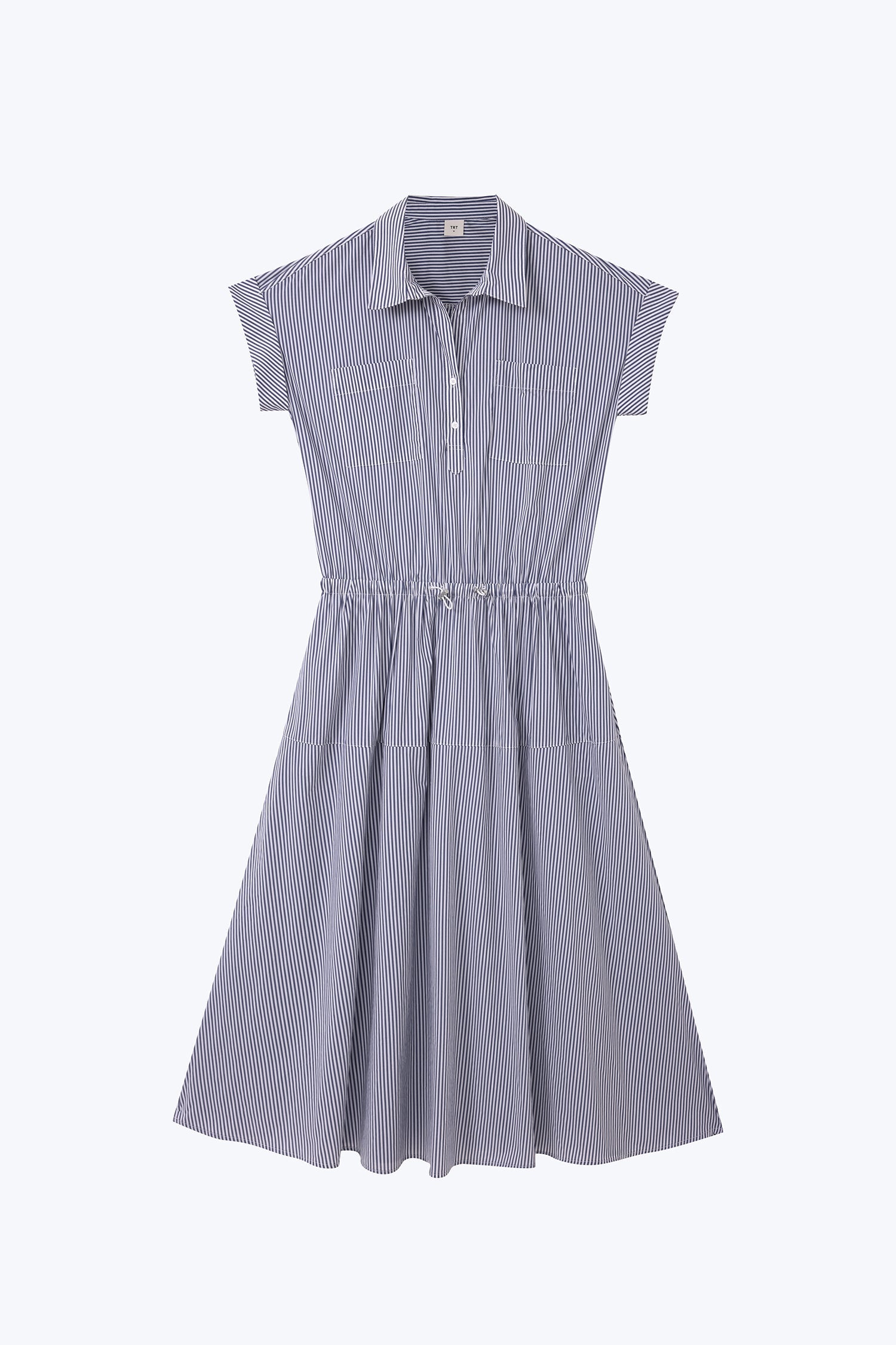 Drawcord Shirt Dress - Striped Navy