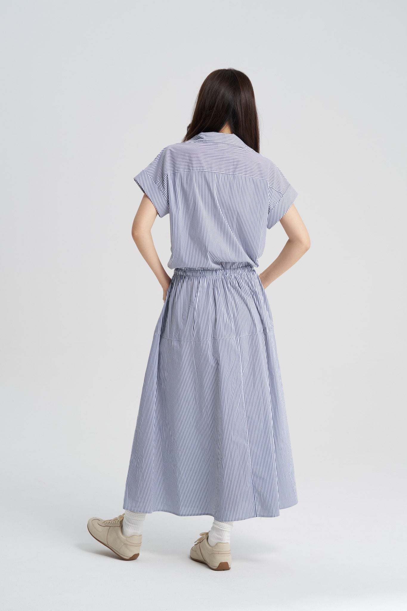 Drawcord Shirt Dress - Striped Navy