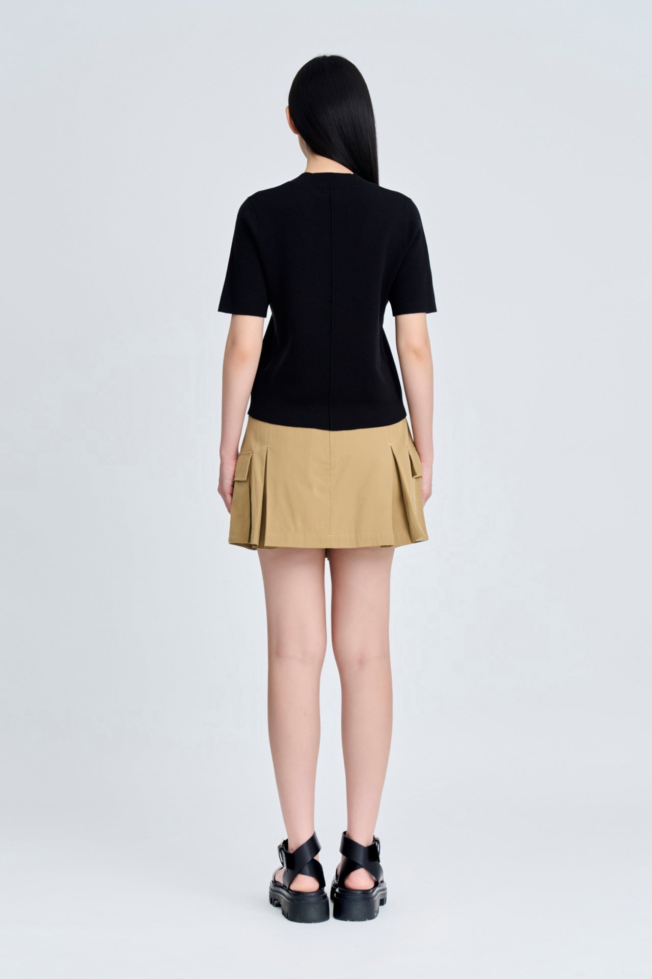 Knitted Ribbed Collar Top - Black