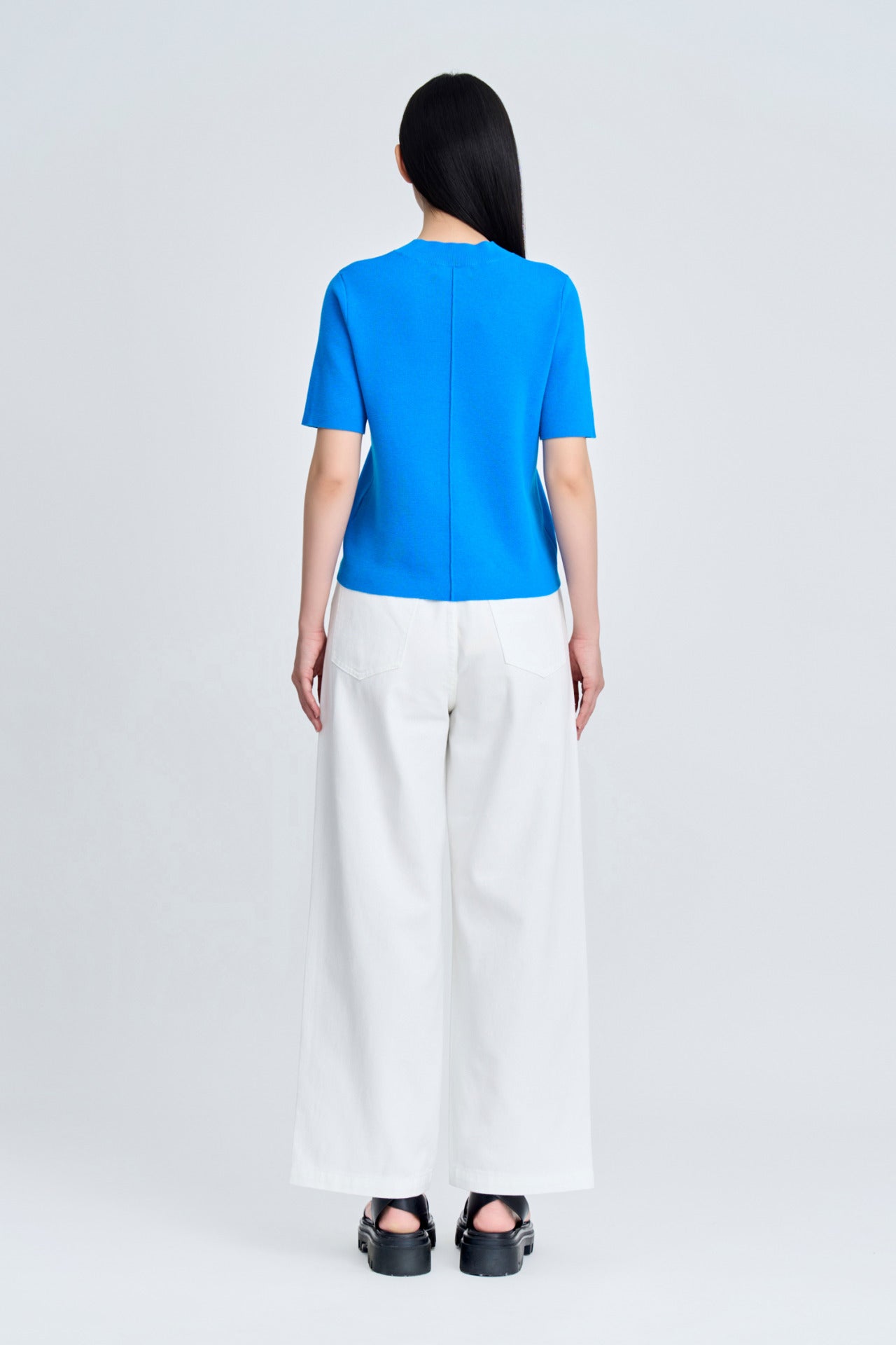 Knitted Ribbed Collar Top - Deep Sky Blue