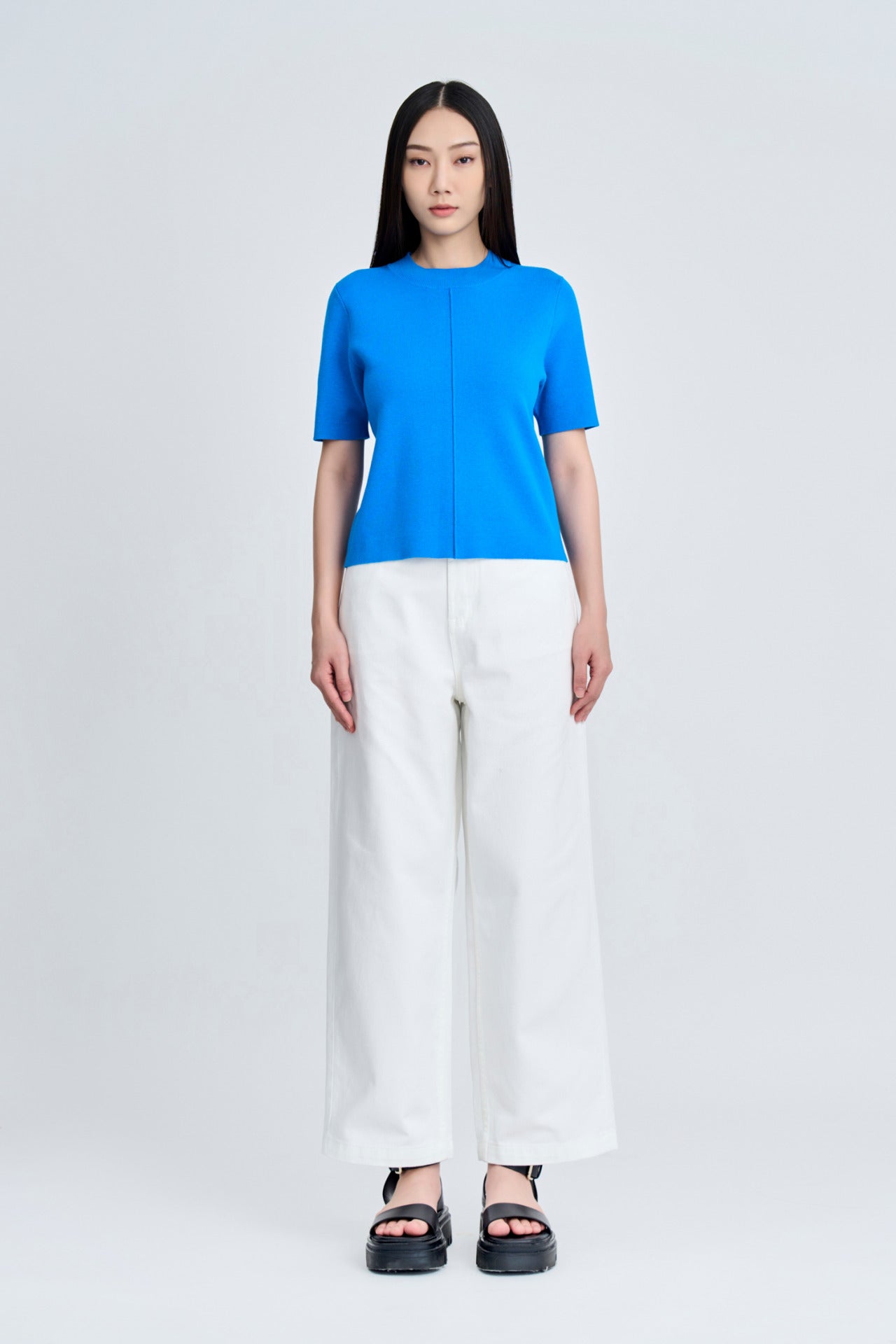 Knitted Ribbed Collar Top - Deep Sky Blue