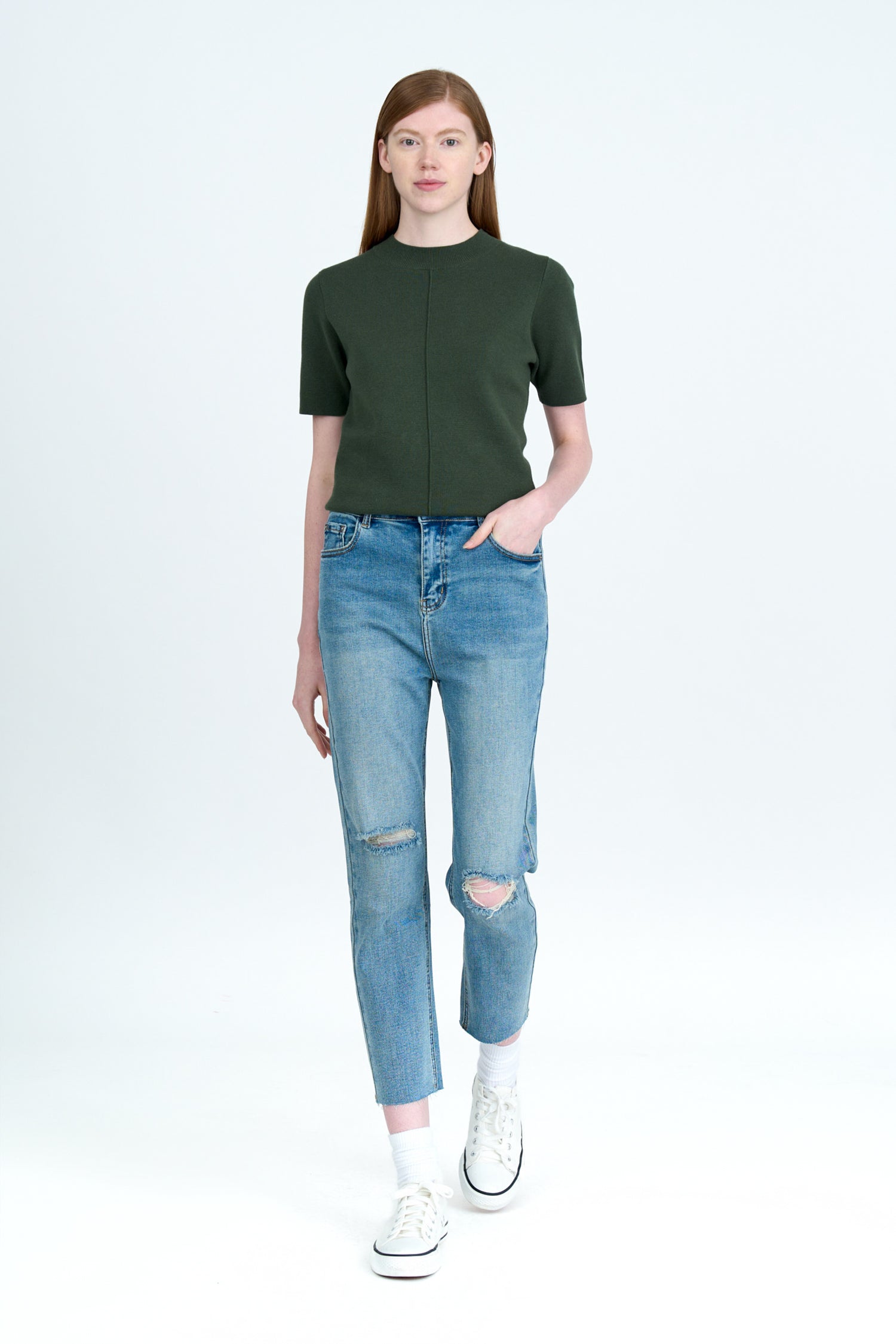 Knitted Ribbed Collar Top - Khaki Green