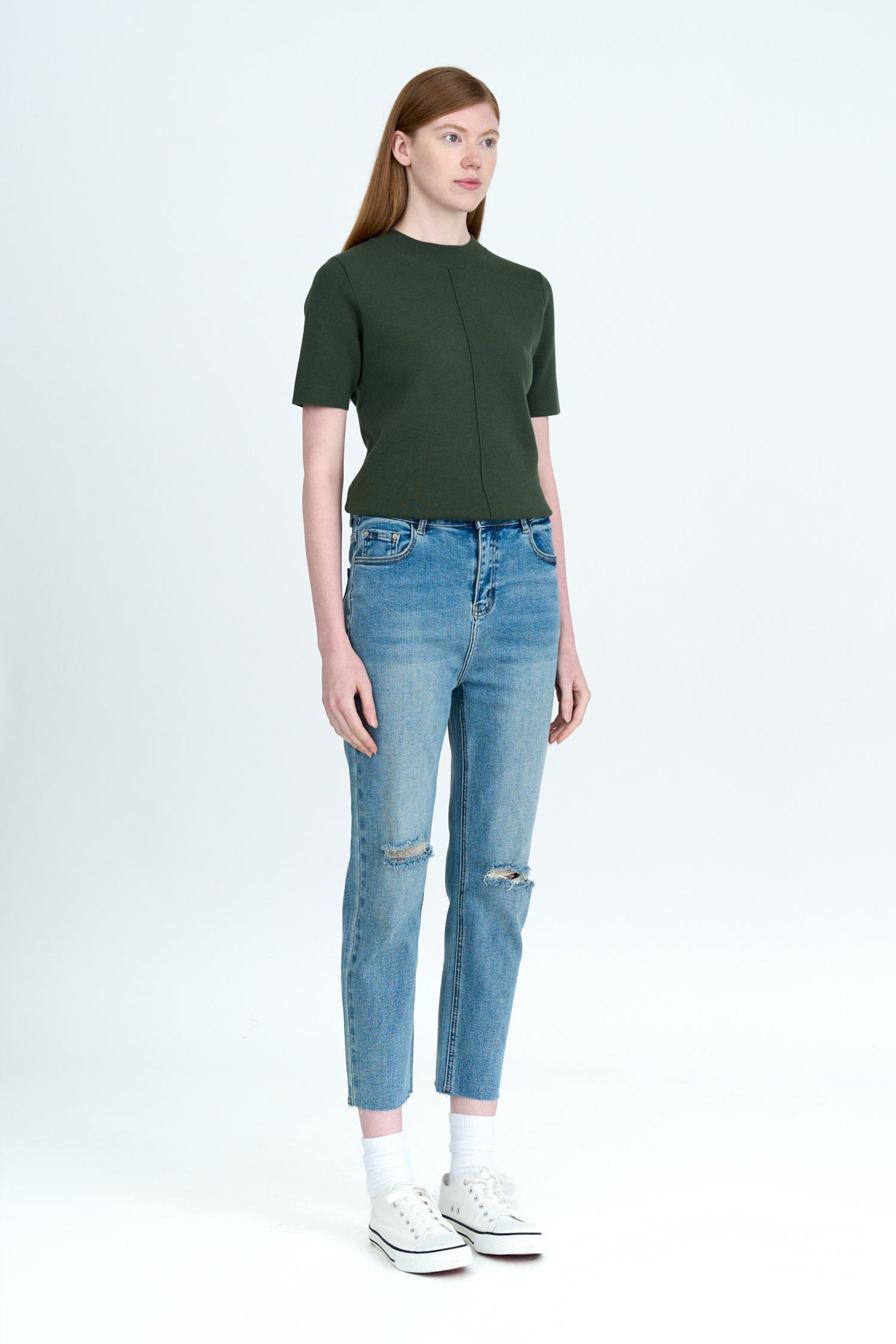 Knitted Ribbed Collar Top - Khaki Green