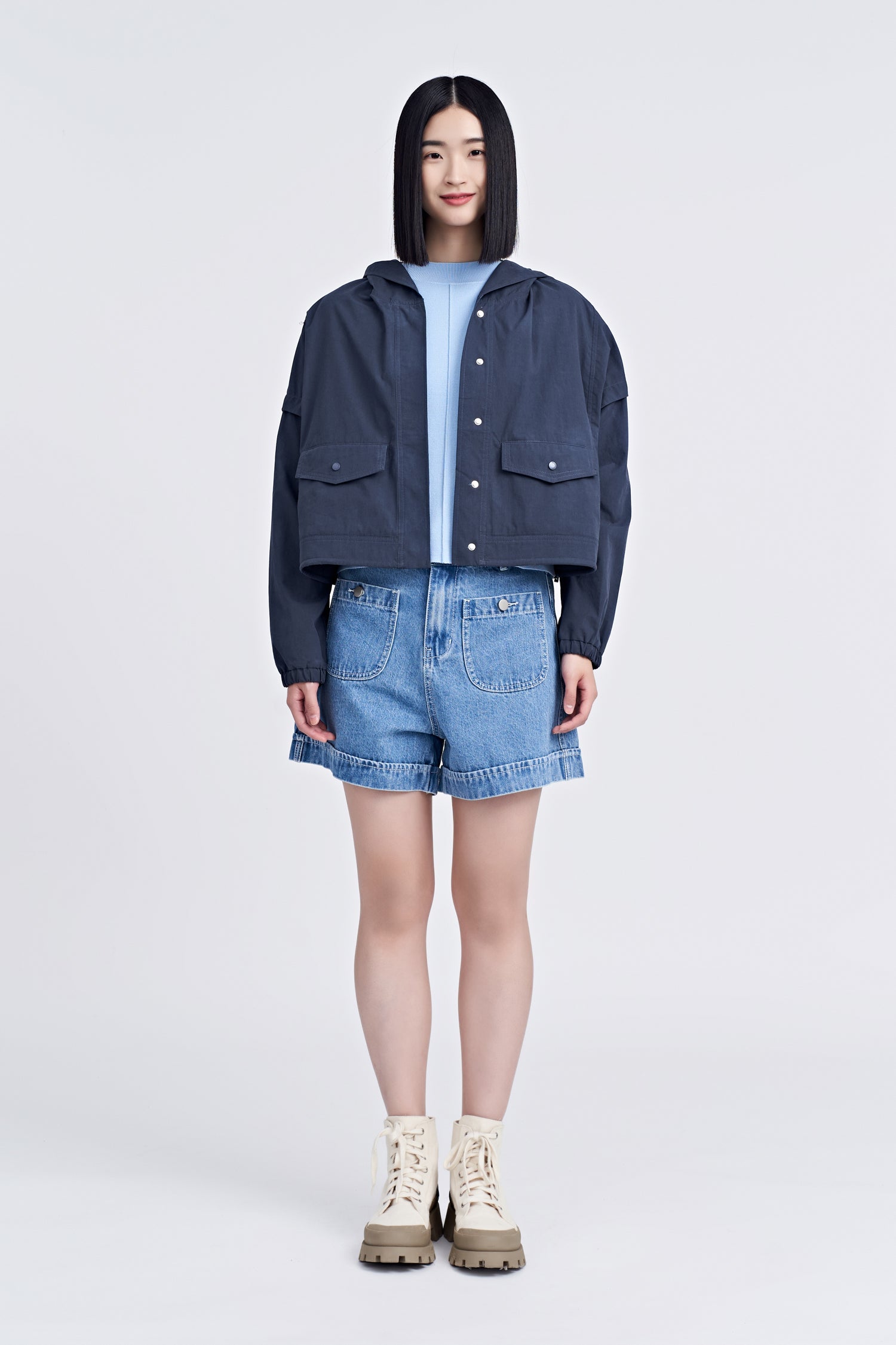 Knitted Ribbed Collar Top - Sky