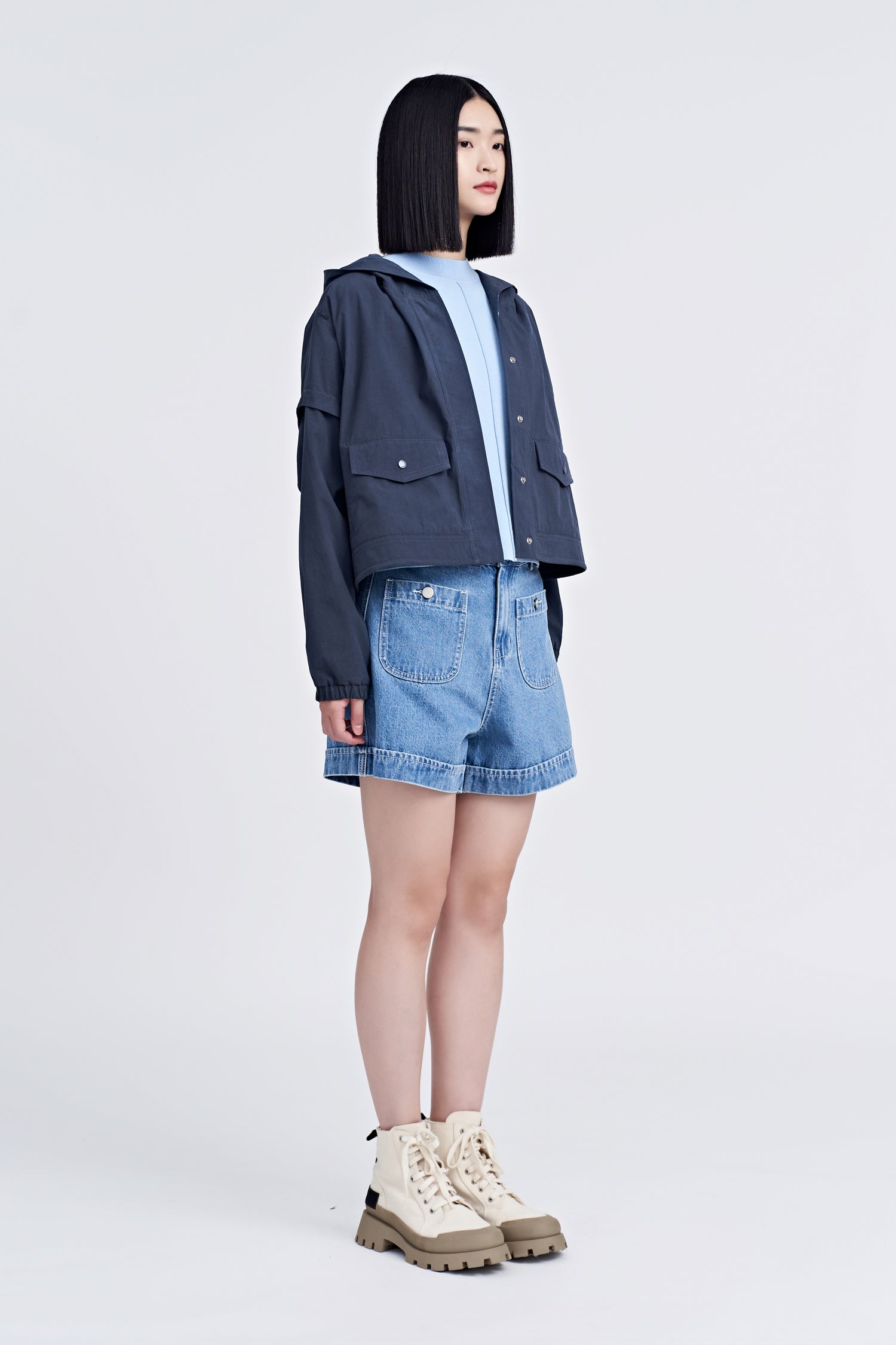 Knitted Ribbed Collar Top - Sky