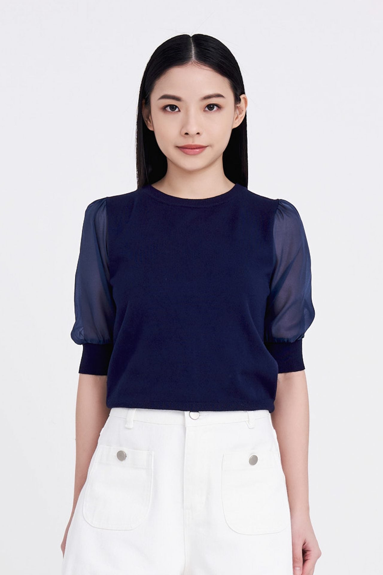 Knitted Puff Sleeves Top - Dark Denim