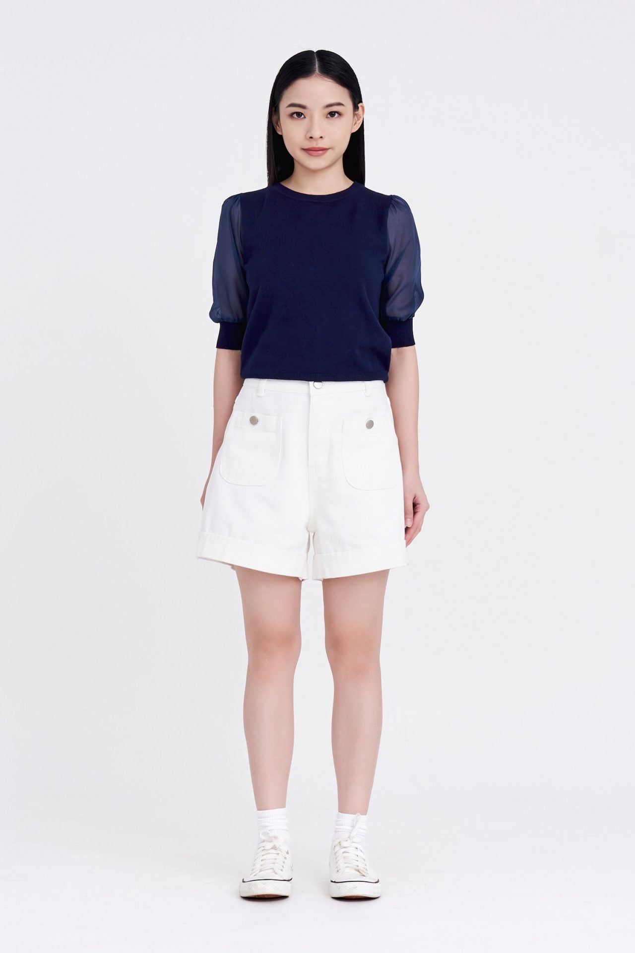 Knitted Puff Sleeves Top - Dark Denim