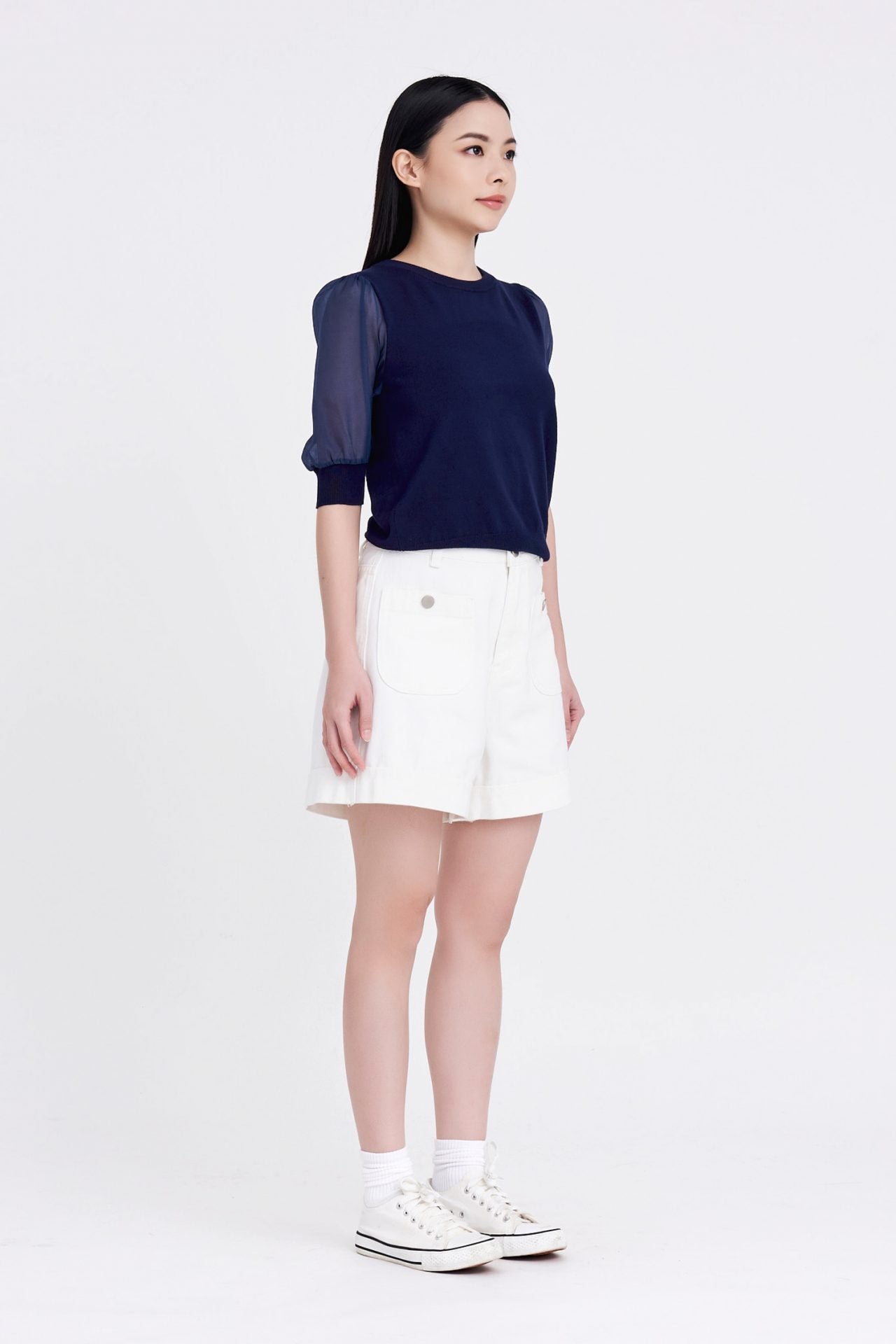 Knitted Puff Sleeves Top - Dark Denim