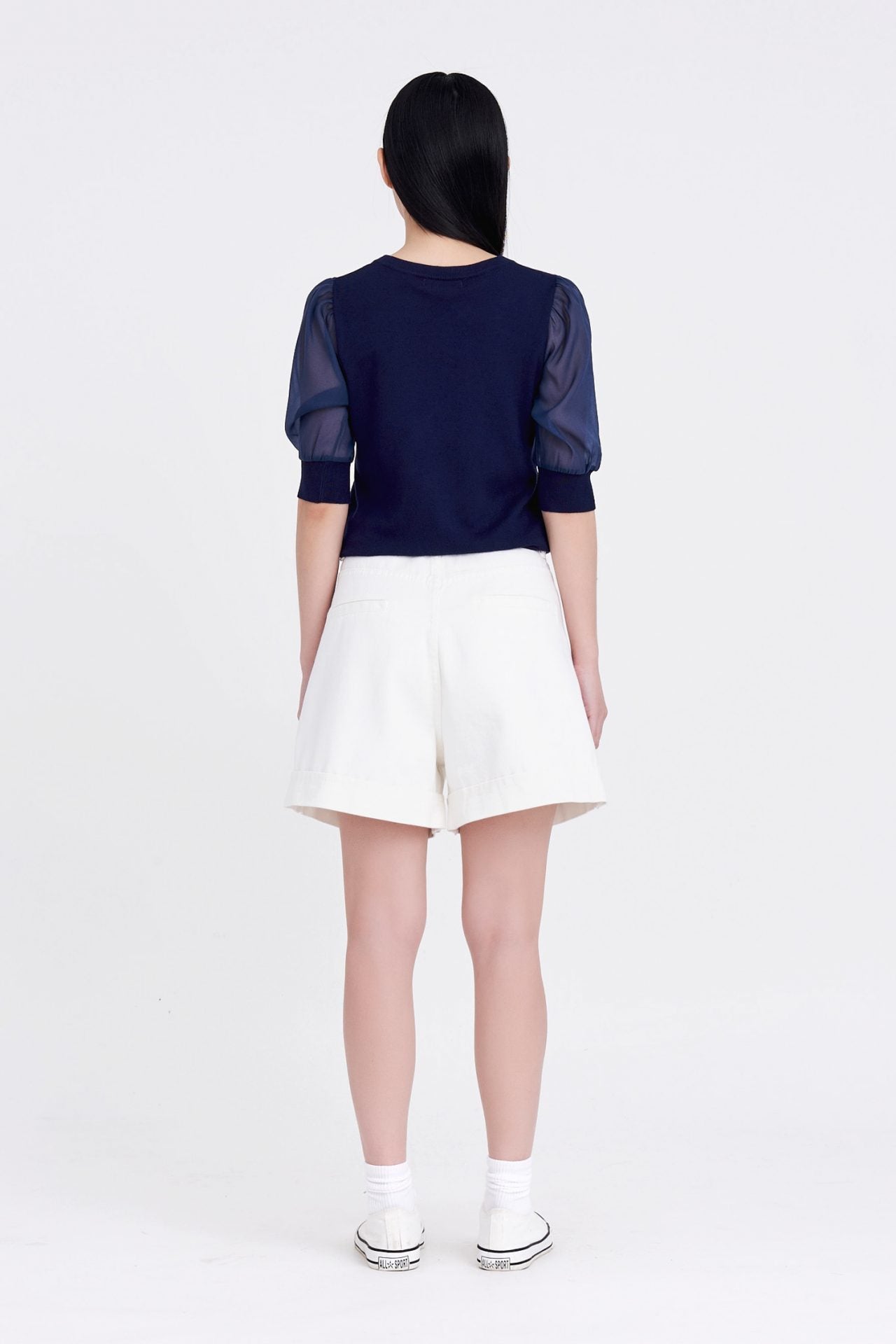 Knitted Puff Sleeves Top - Dark Denim