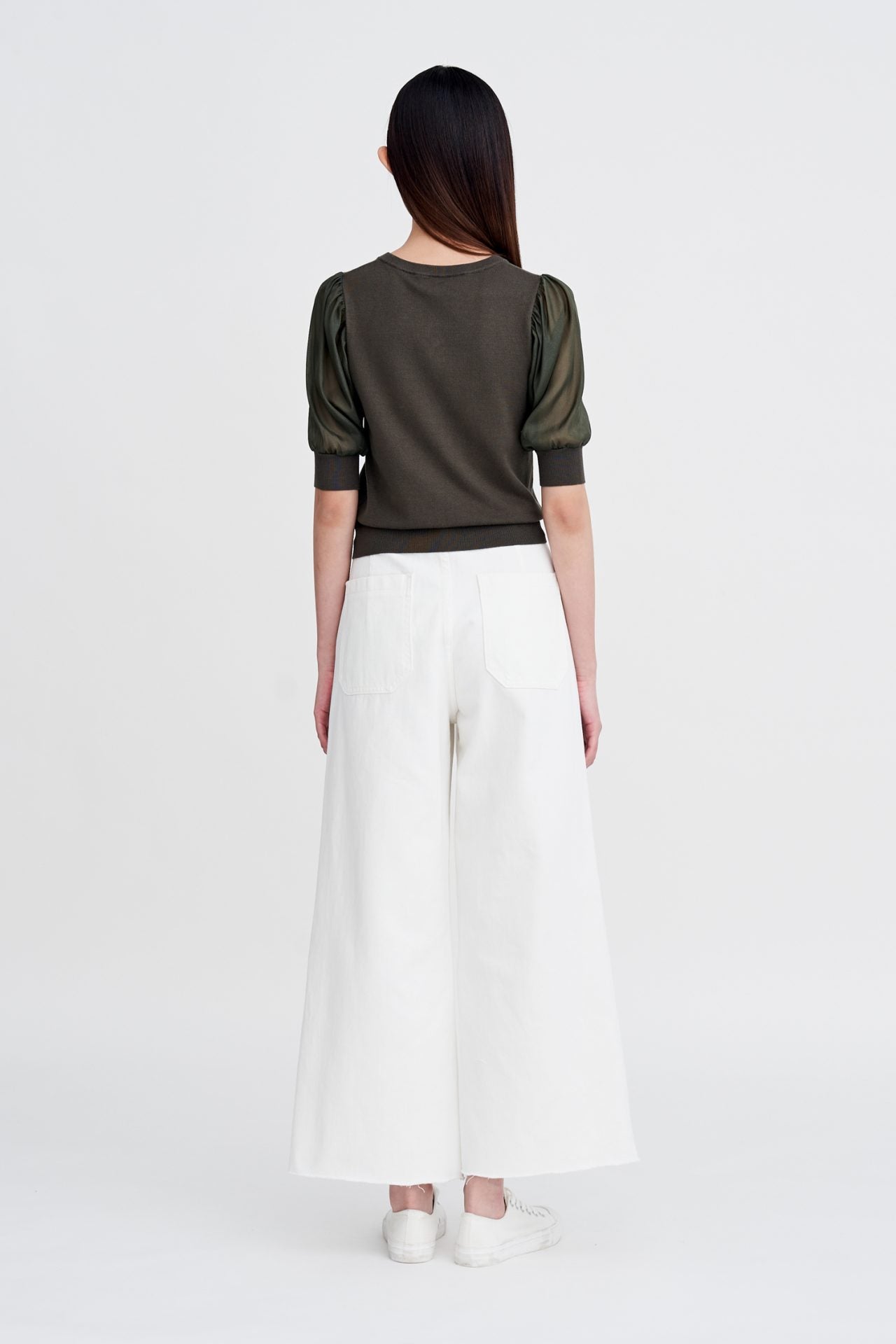 Knitted Puff Sleeves Top - Dark Moss