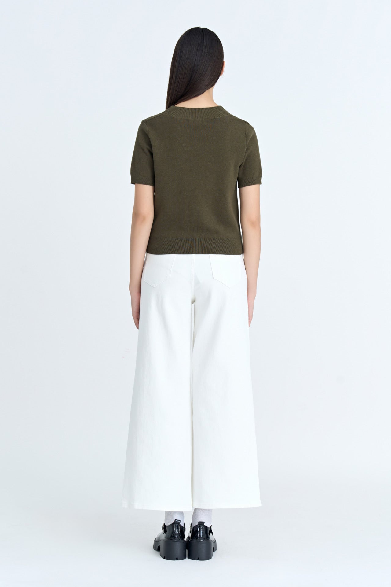 Knitted Ribbed Collar Top - Army Green