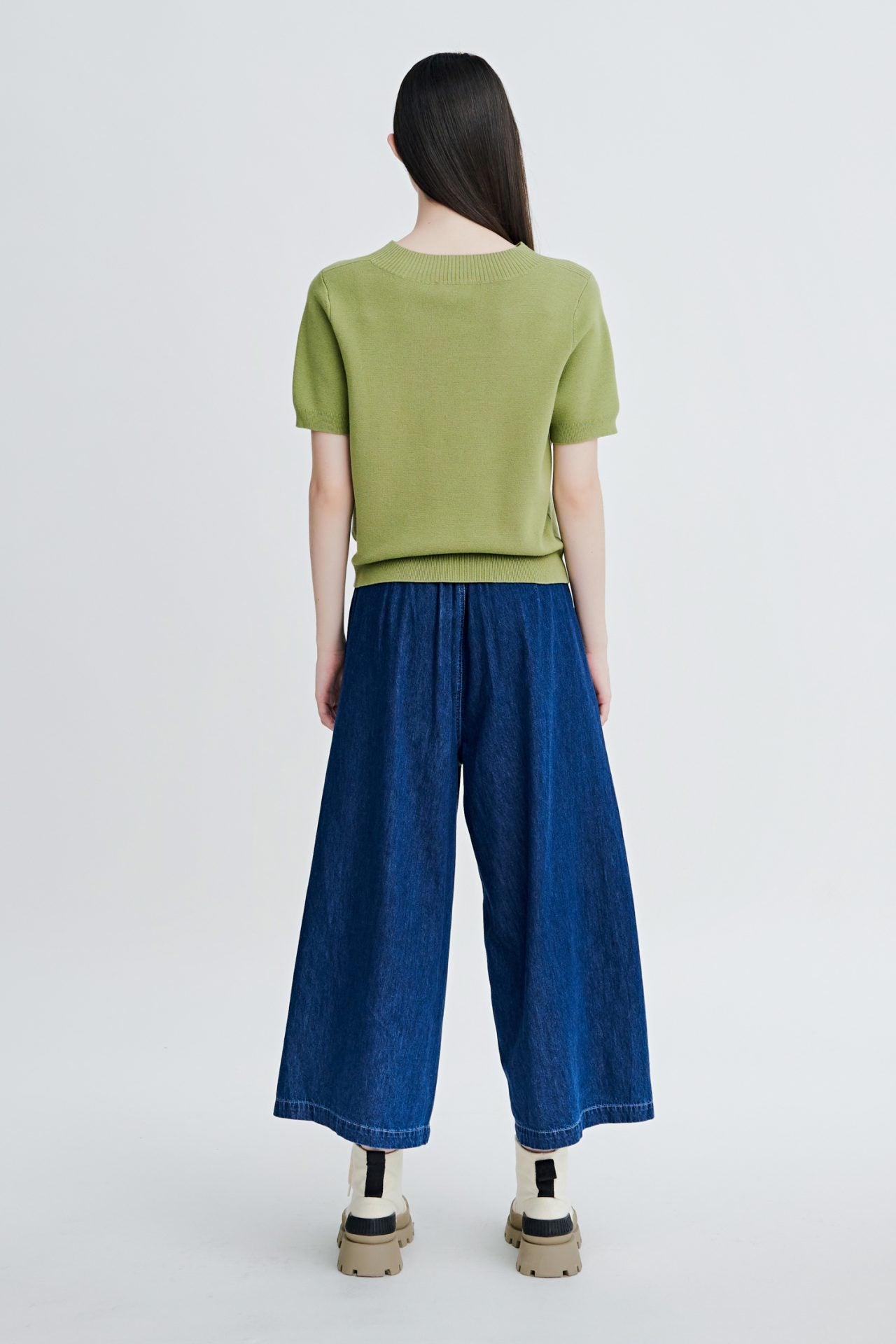 Knitted Ribbed Collar Top - Fern