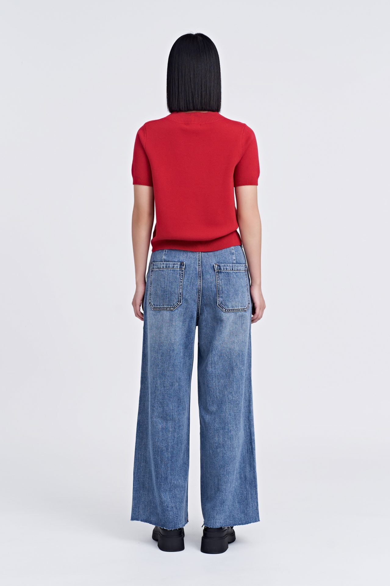 Knitted Ribbed Collar Top - Red