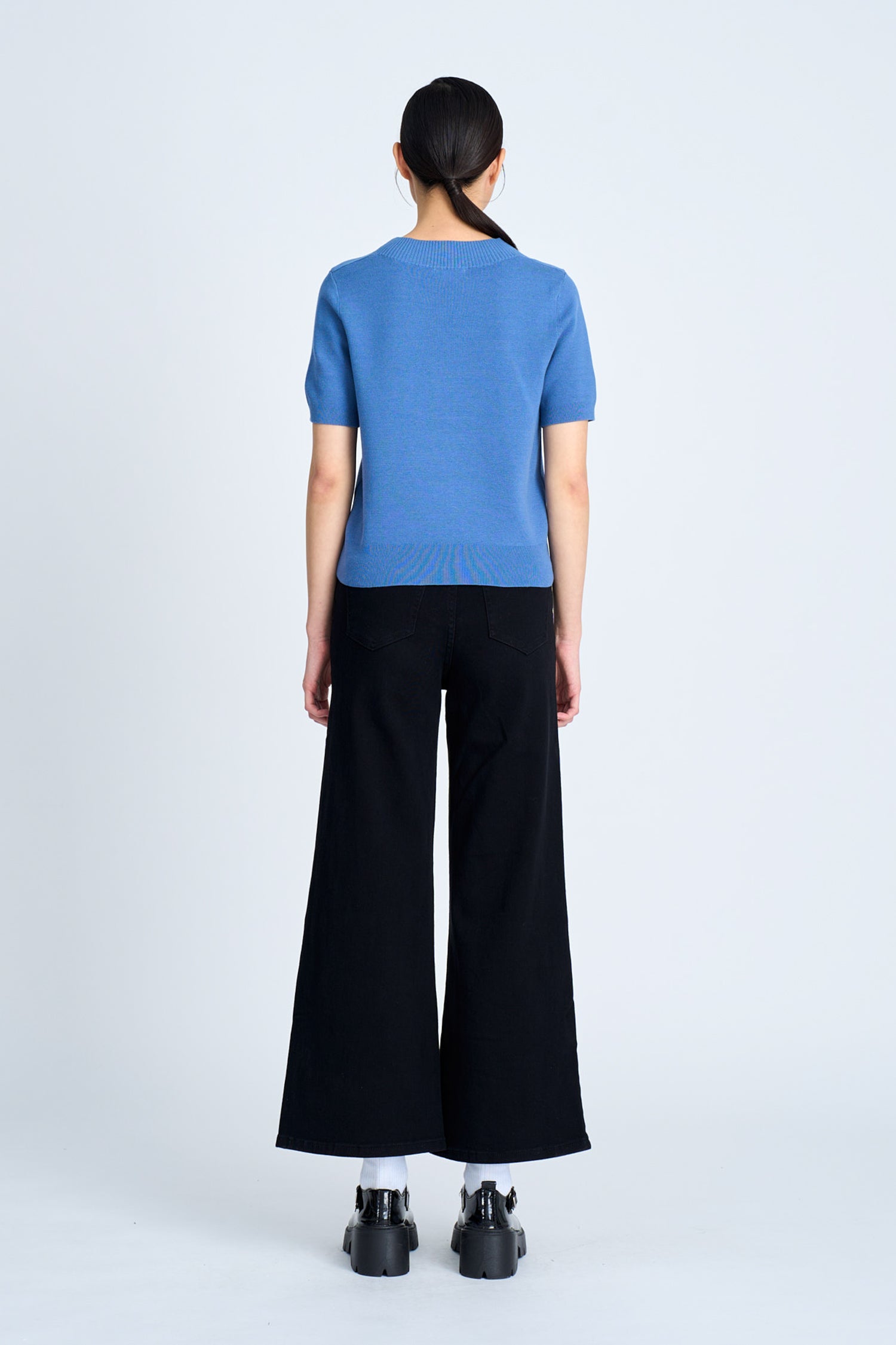 Knitted Ribbed Collar Top - Denim Blue