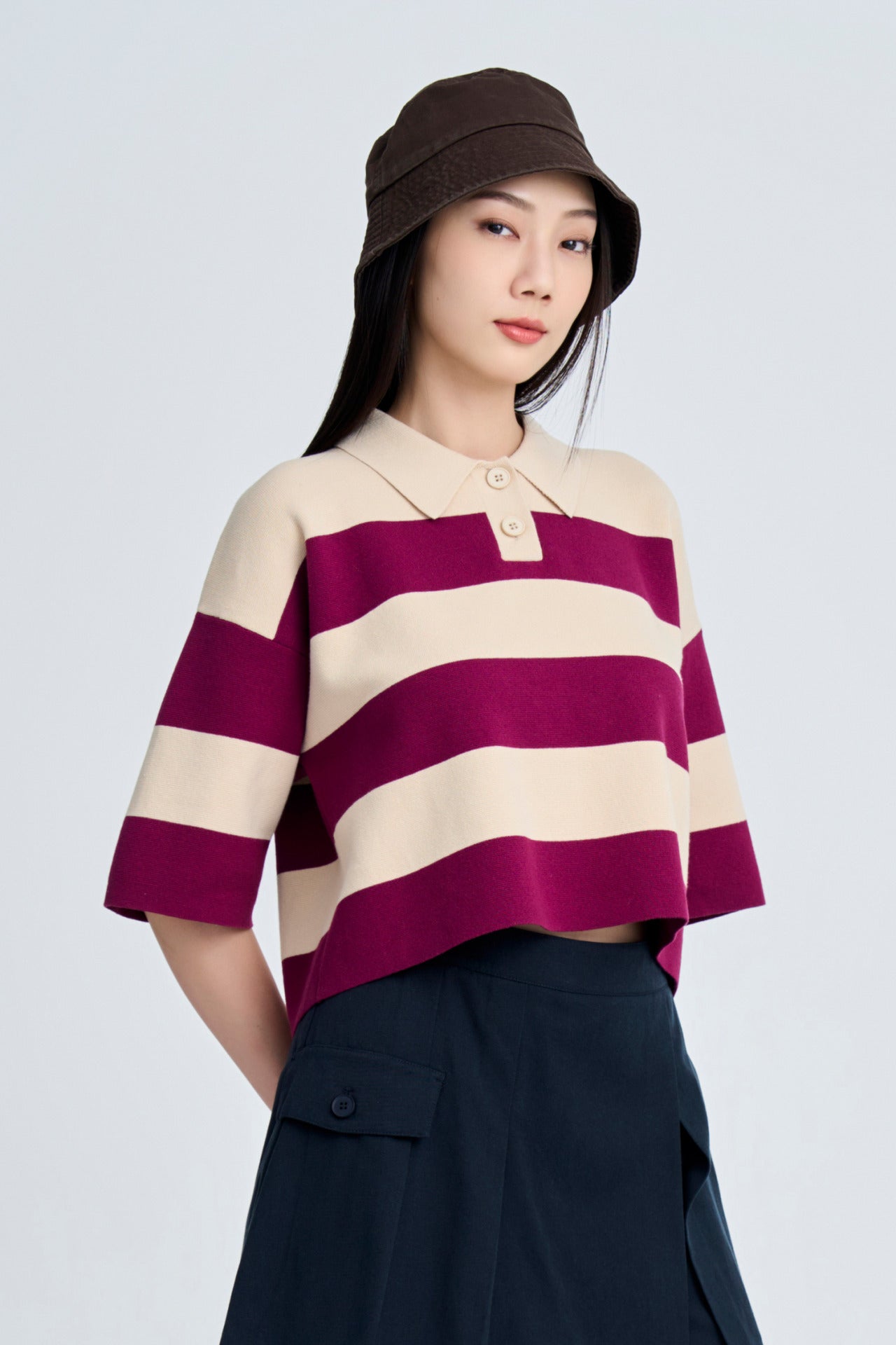 Knitted Striped Rugby Sweater - Striped Plum
