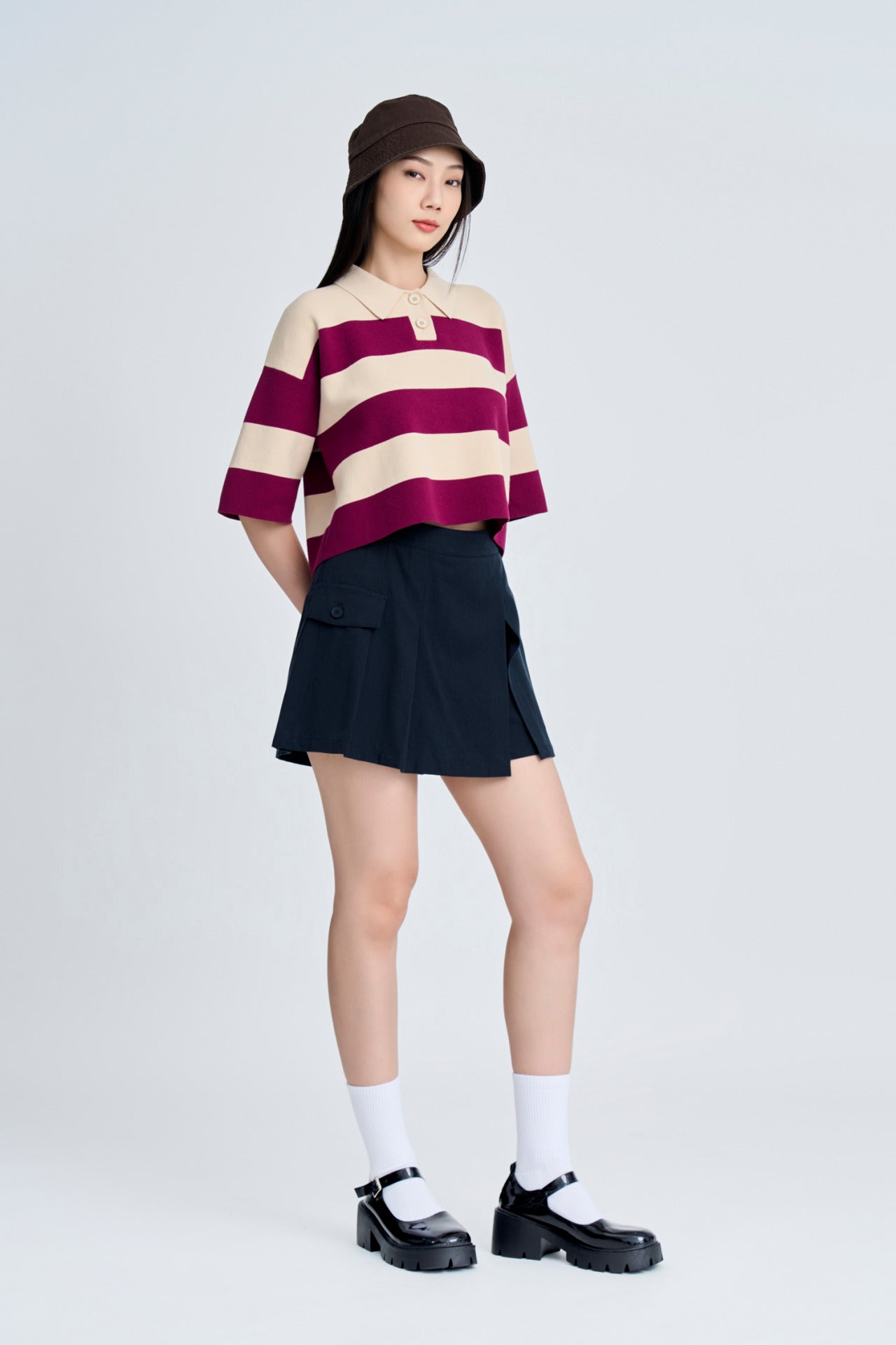 Knitted Striped Rugby Sweater - Striped Plum