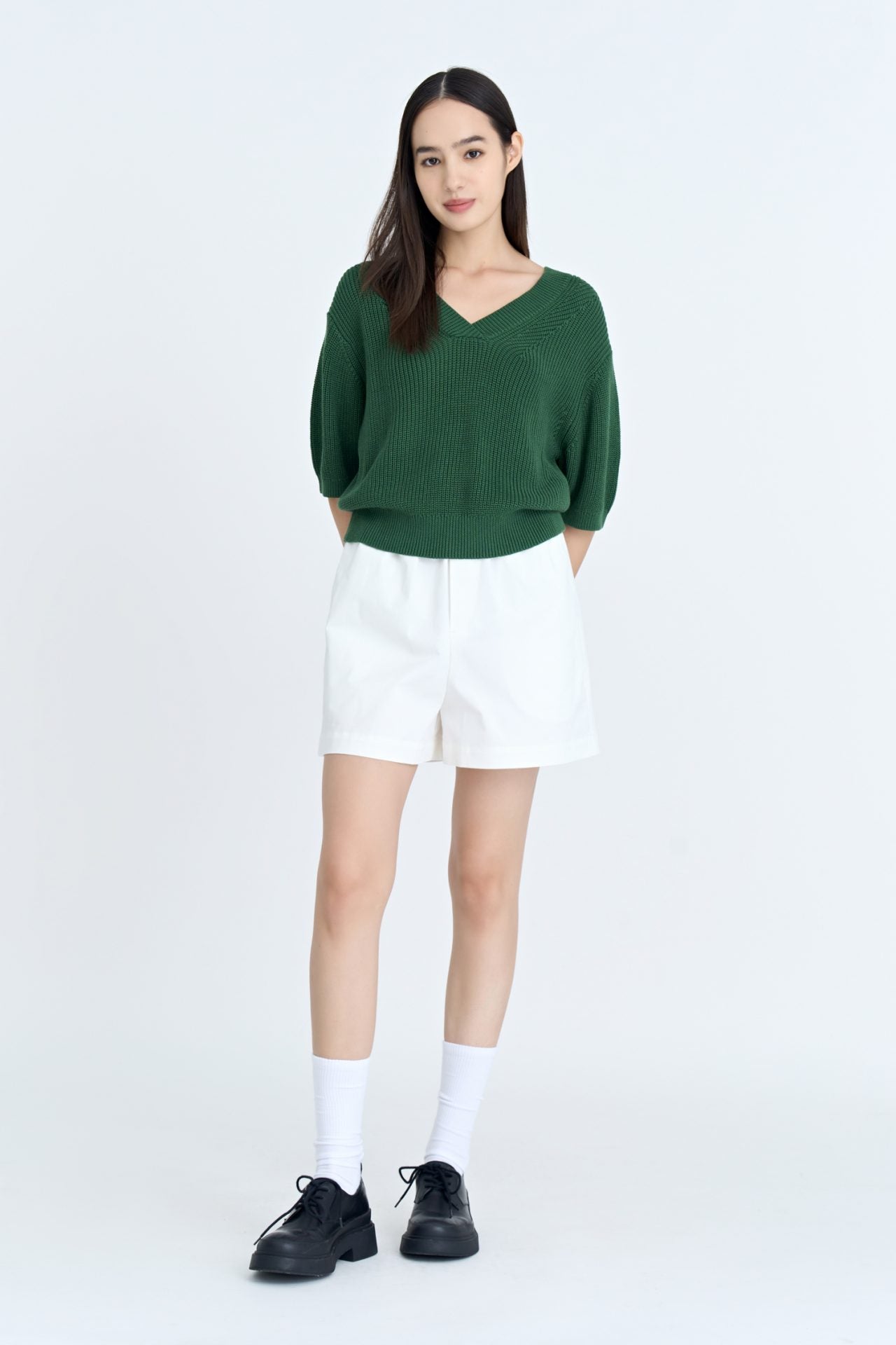 Knitted V-Neck Top - Hunter Green