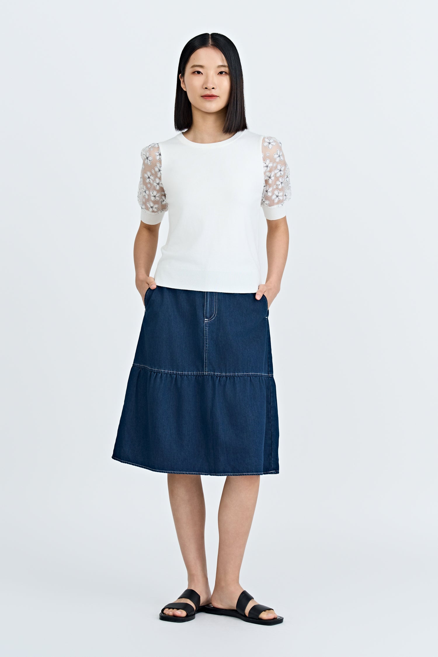 Knitted Floral Sleeve Top - Cream