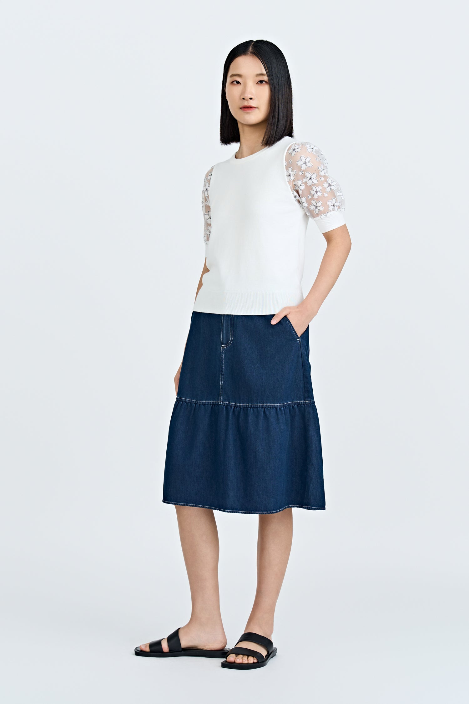 Knitted Floral Sleeve Top - Cream