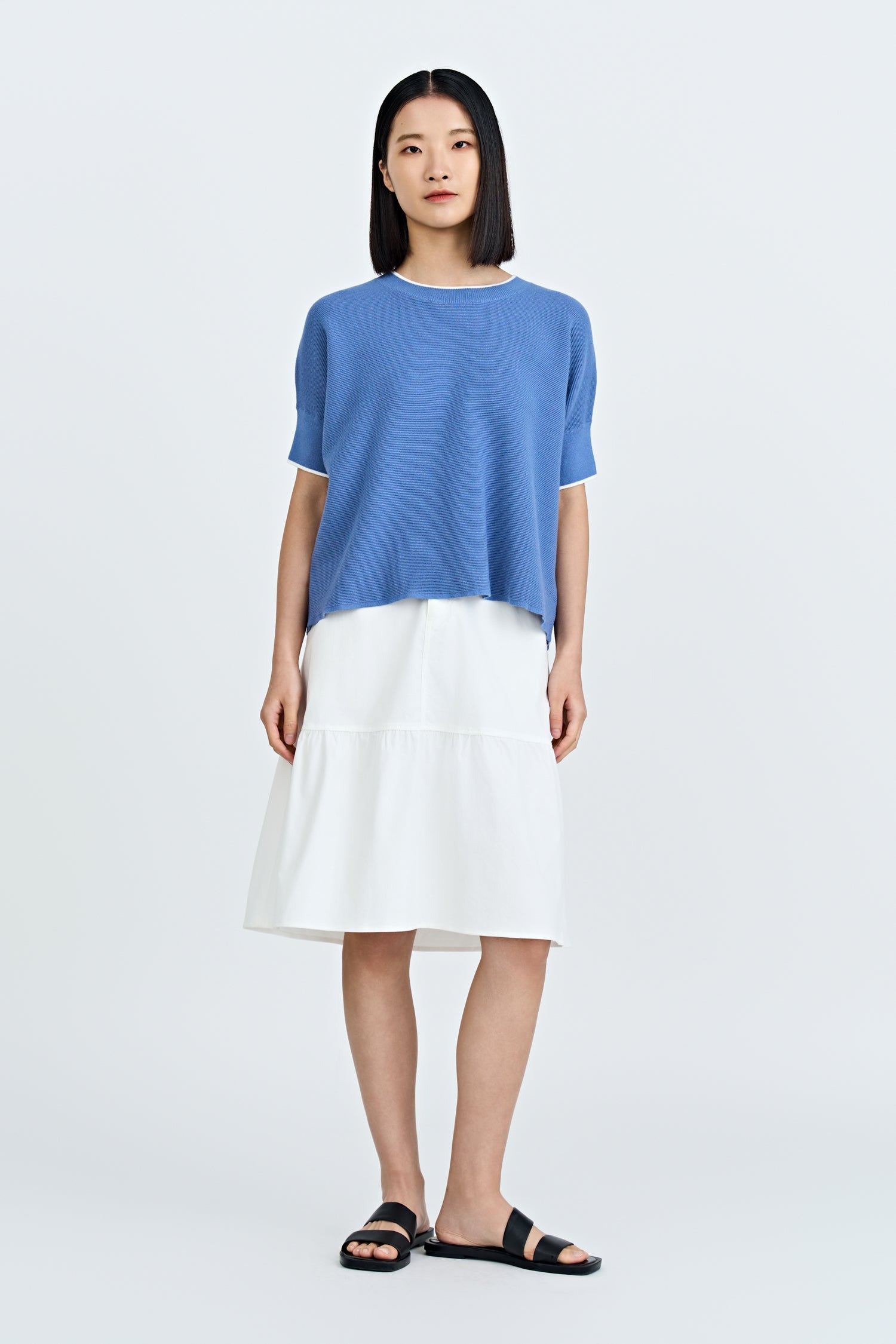 Knitted Contrast Top - Denim Blue