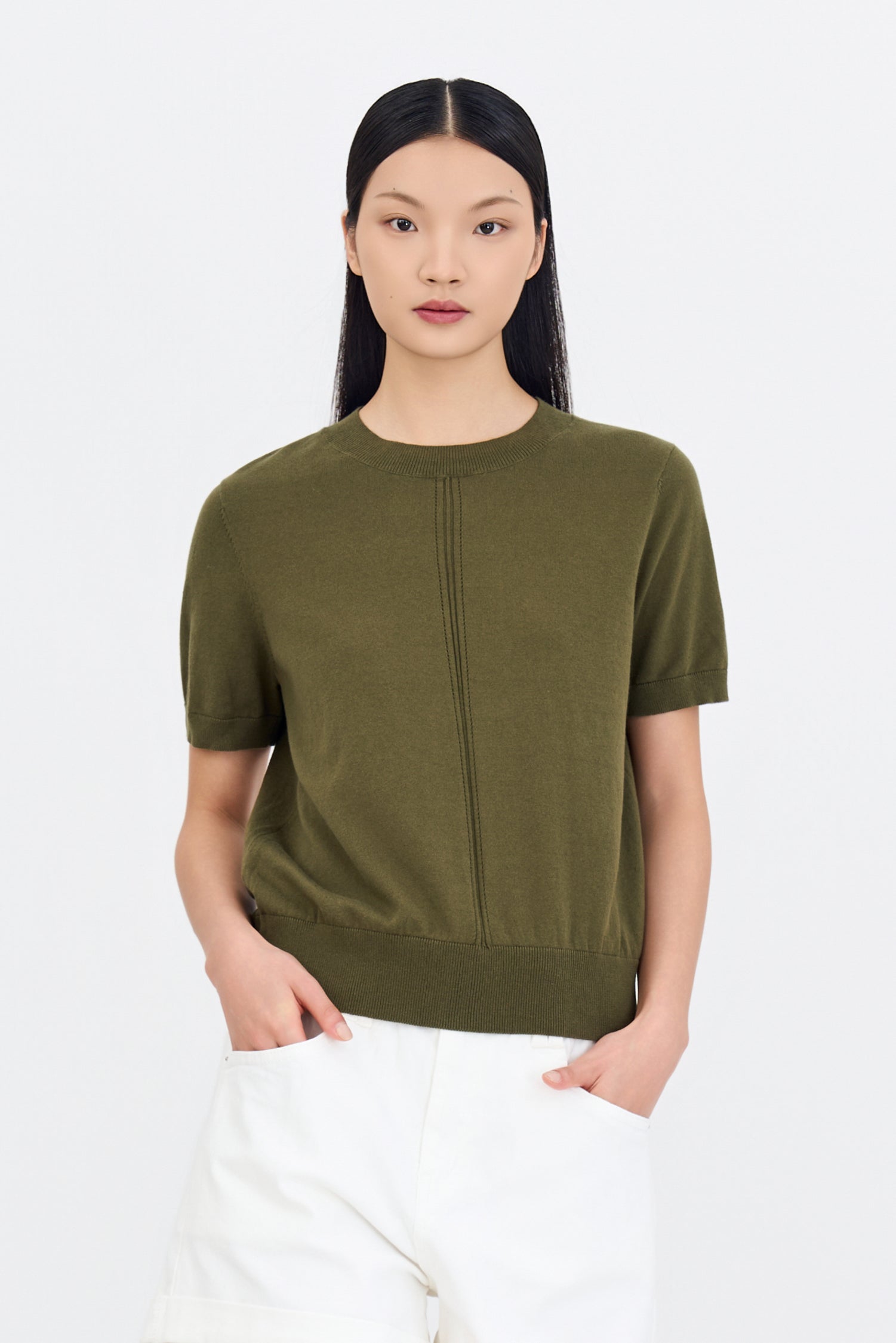 Knitted Short Sleeve Top - Army Green
