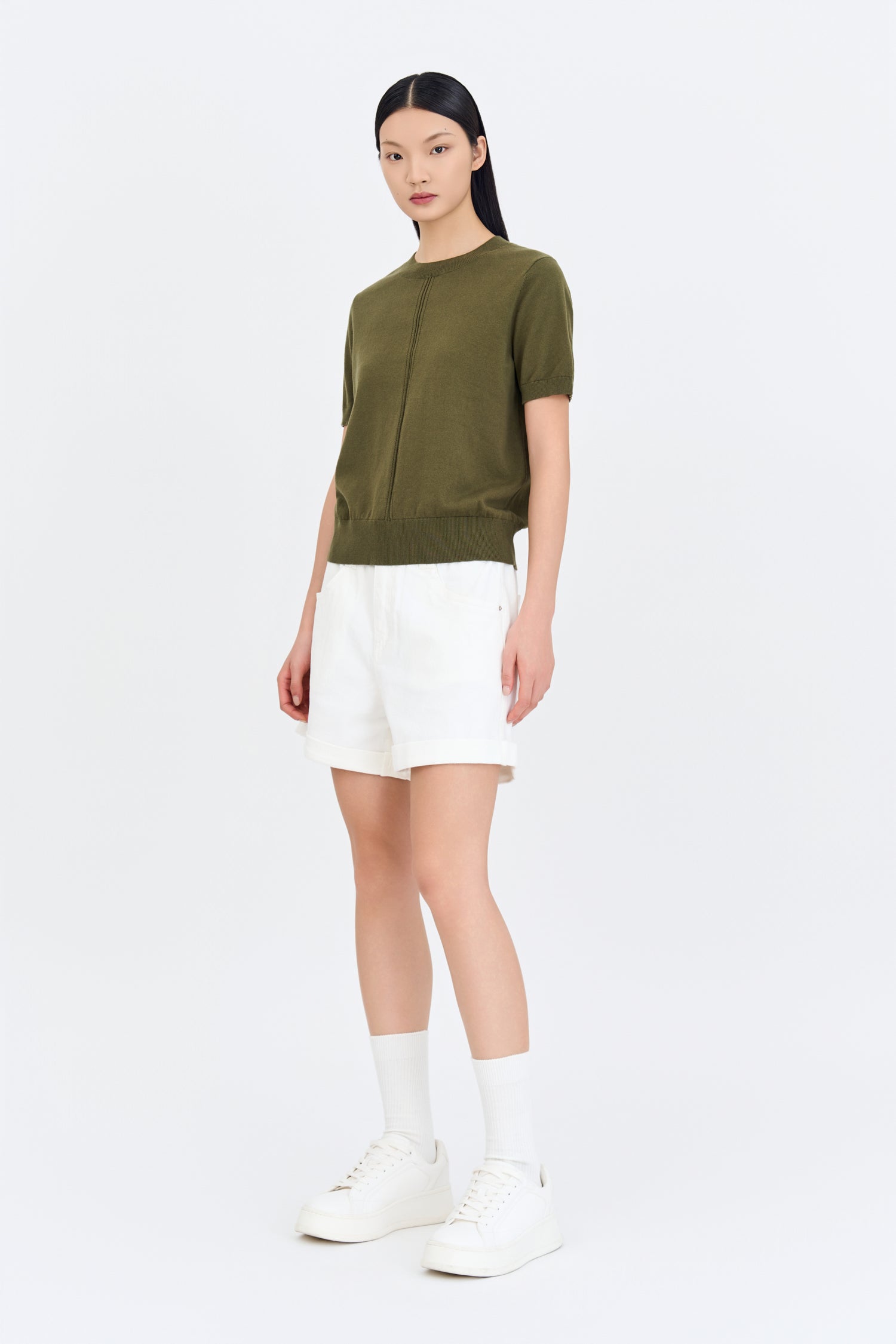 Knitted Short Sleeve Top - Army Green