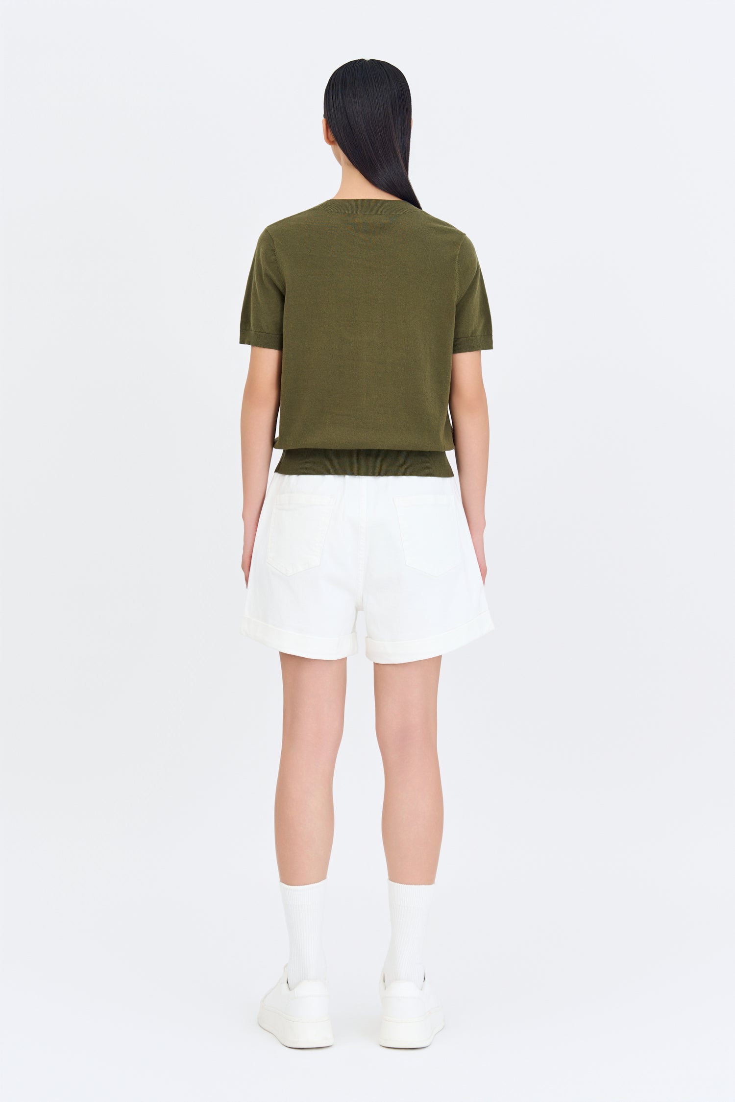 Knitted Short Sleeve Top - Army Green