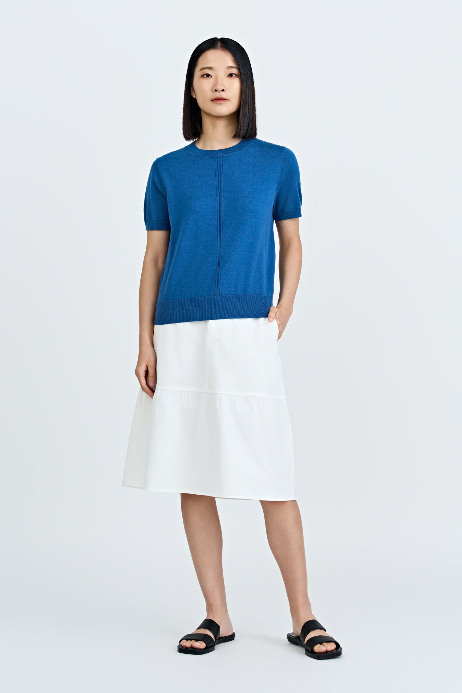 Knitted Short Sleeve Top - Denim Blue