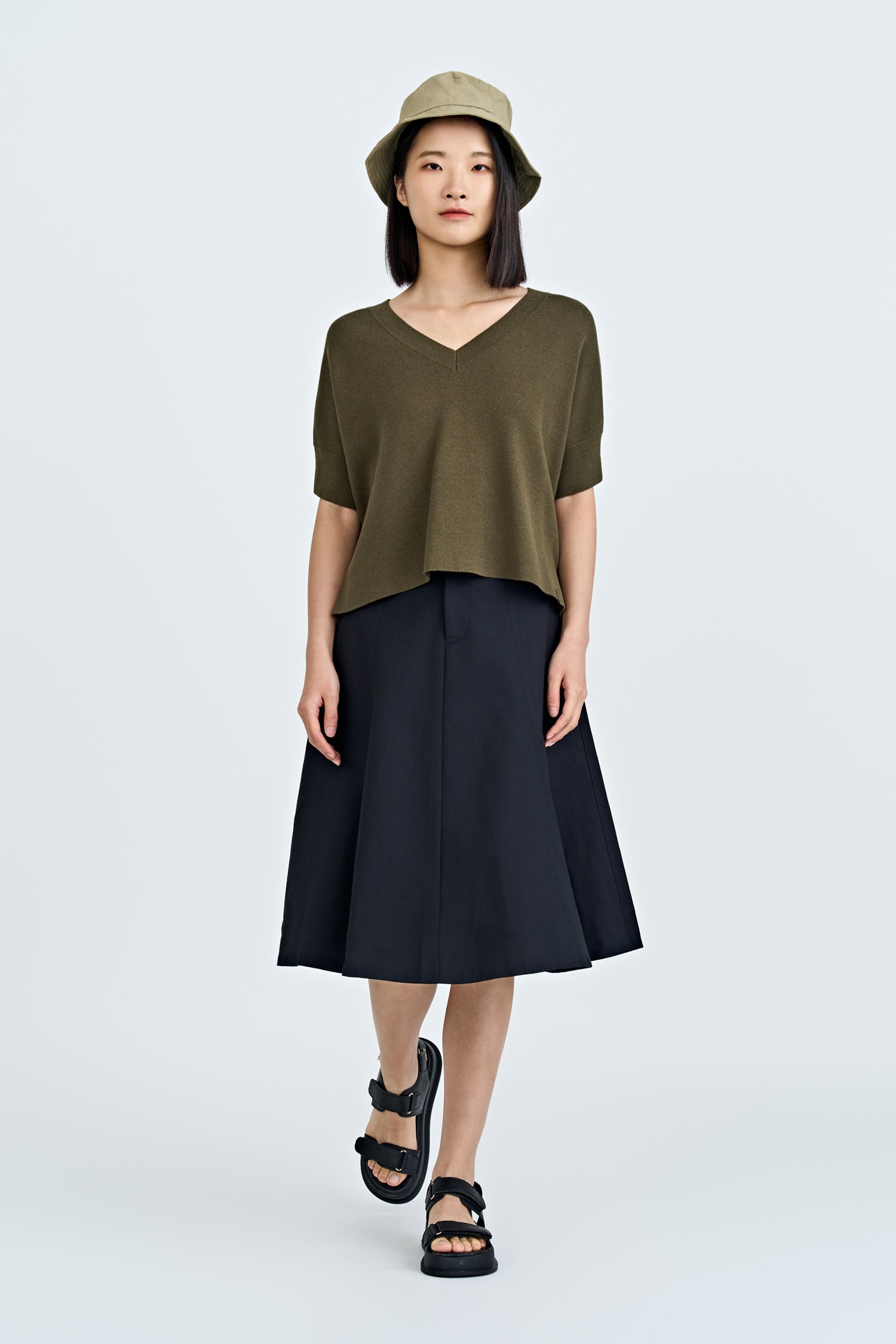 Knitted V-Neck Top - Army Green