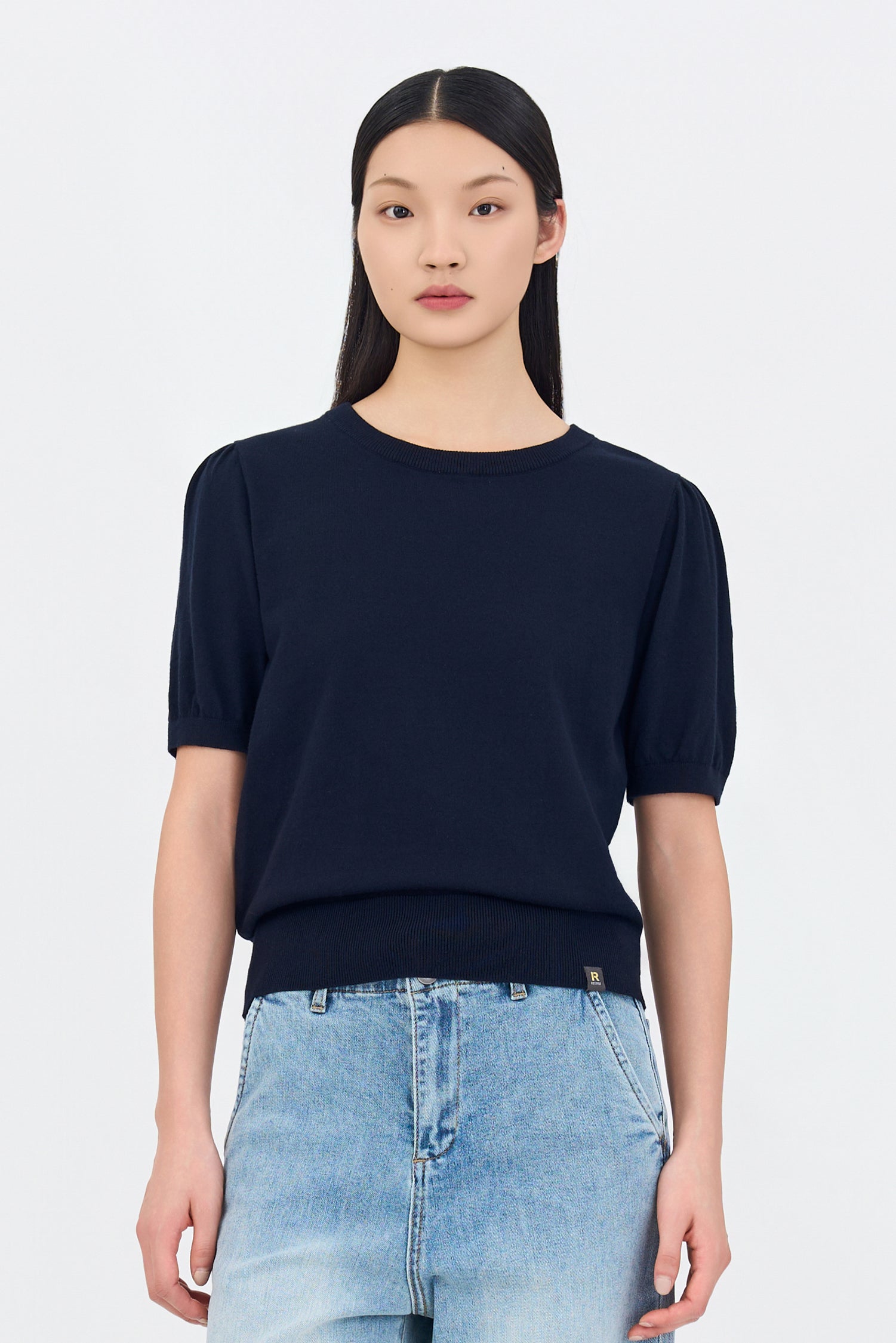 Knitted Puff Sleeve Top - Navy