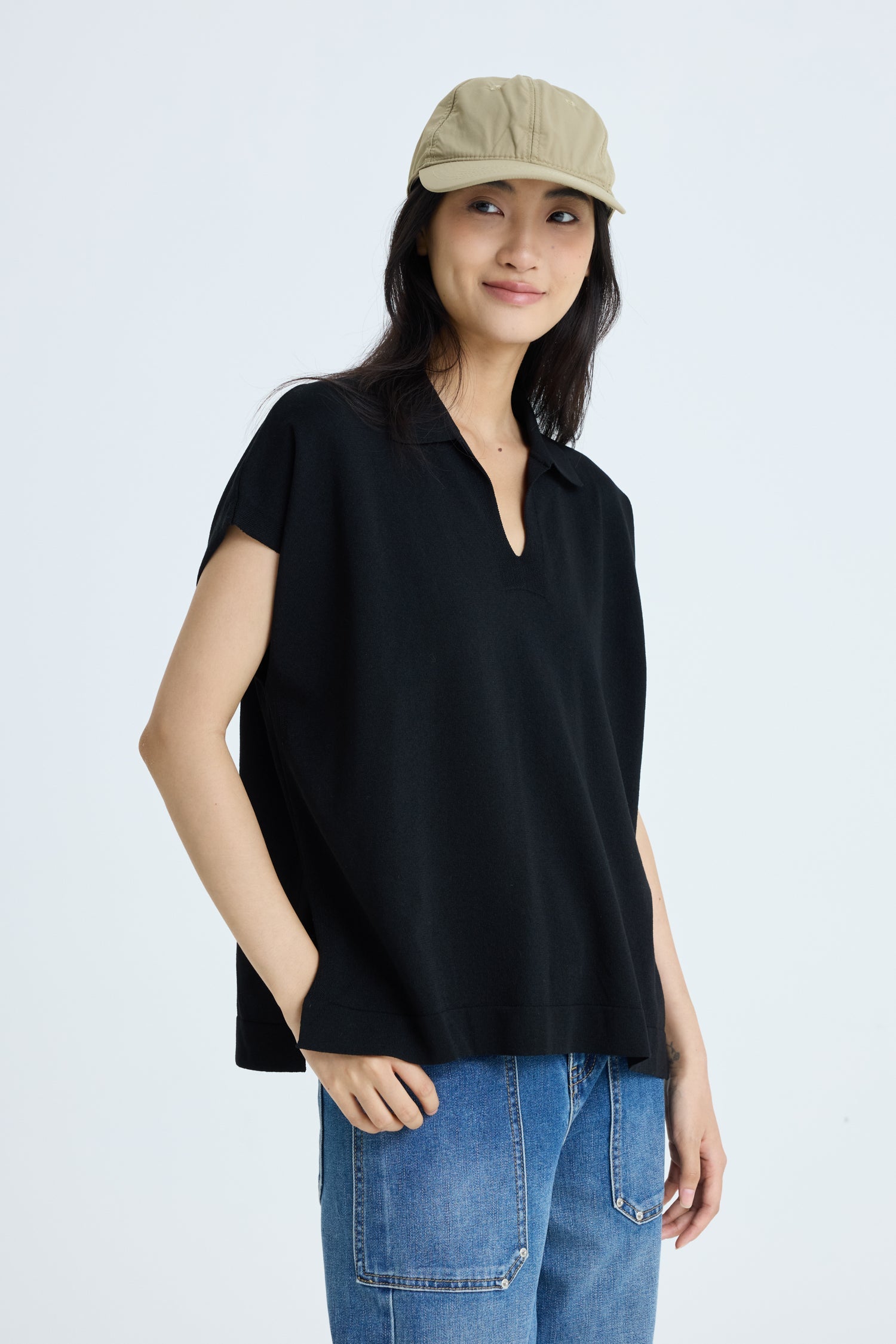 Knitted Polo Top - Black