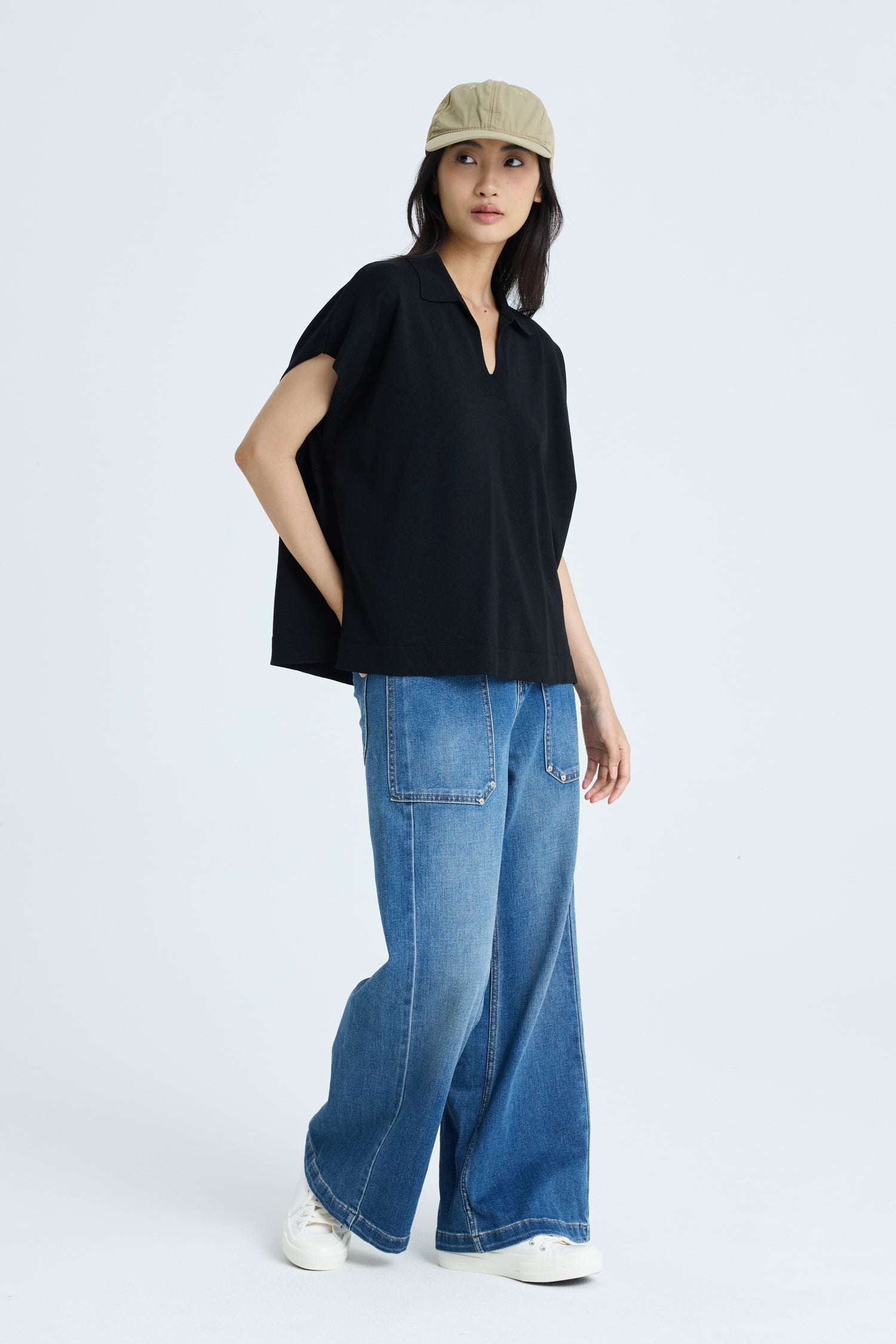 Knitted Polo Top - Black