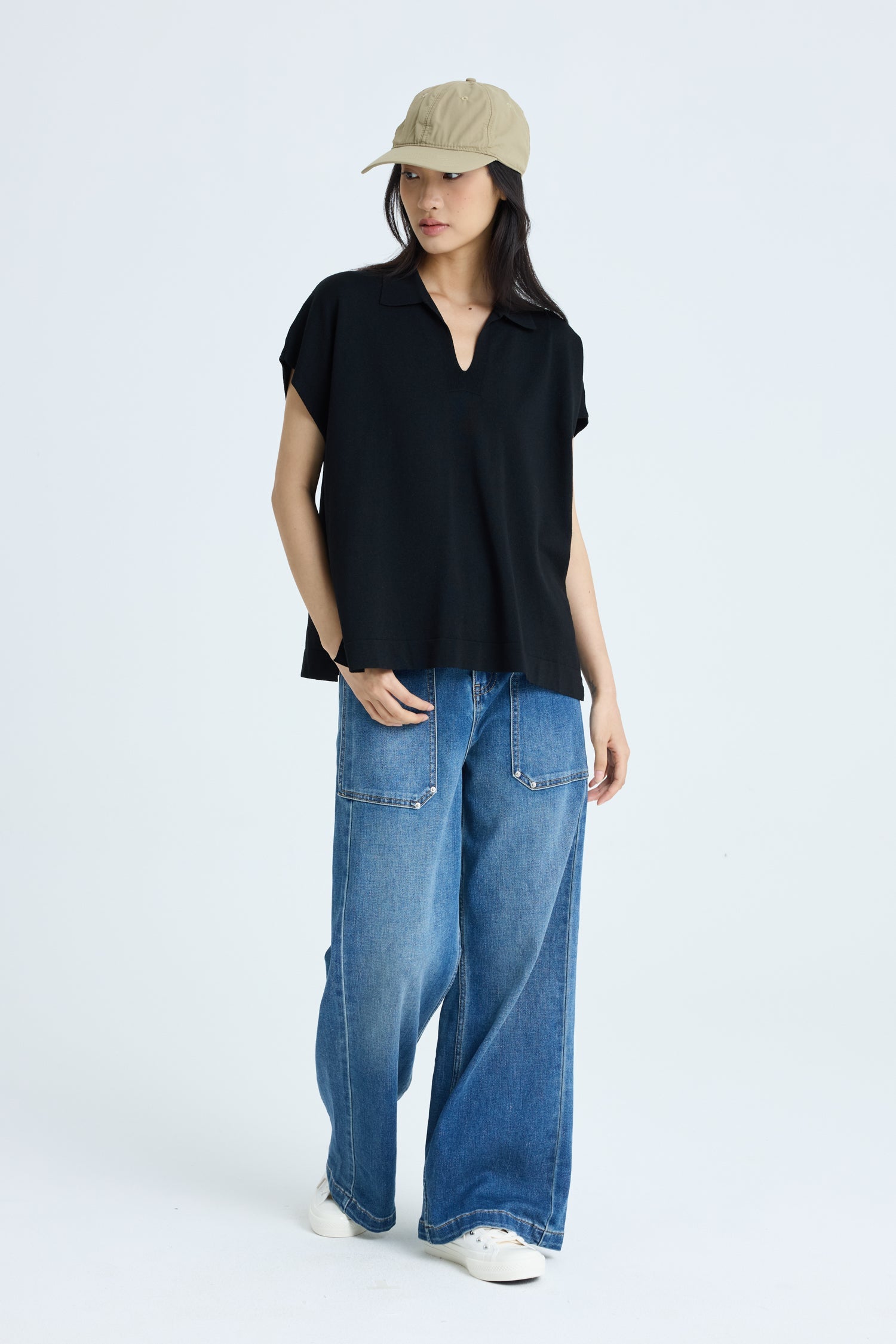Knitted Polo Top - Black