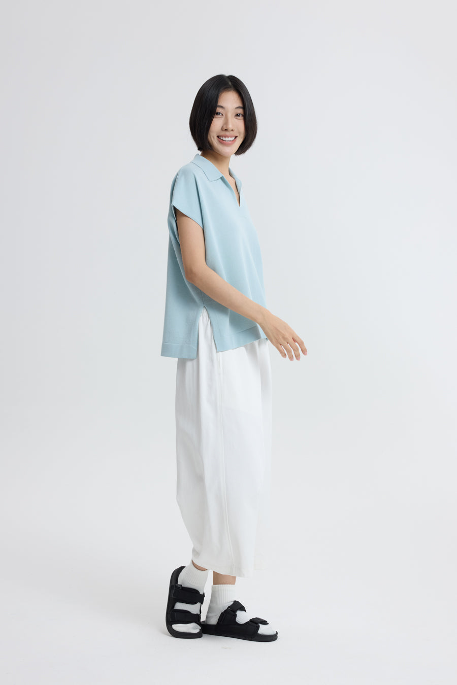 Knitted Polo Top - Dusty Blue