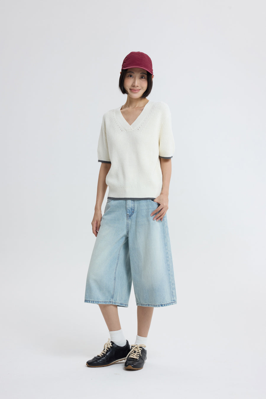 Knitted Contrast Trim Top - Cream