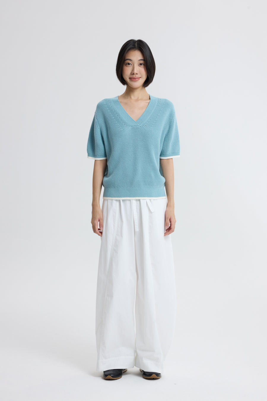 Knitted Contrast Trim Top - Dusty Blue