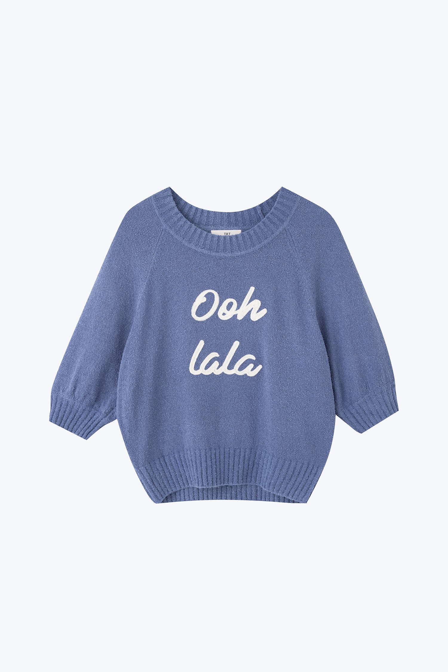 Textured Knitted Top w/ Embroidery Text - Denim Blue